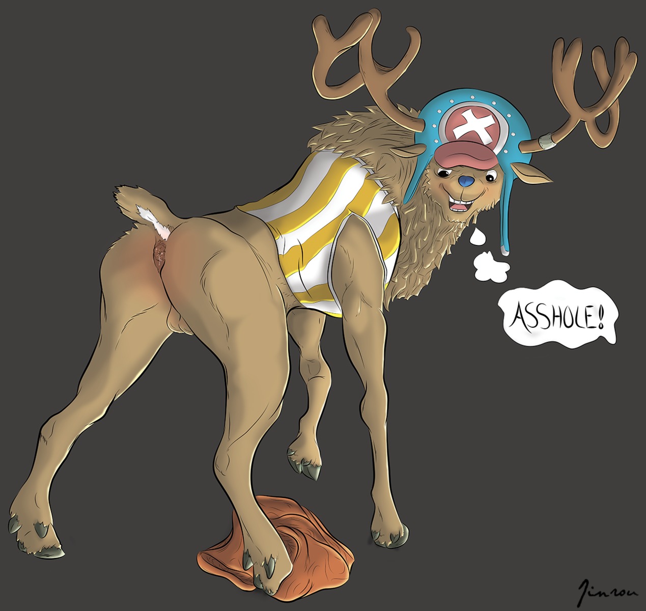 antlers anus balls blue_nose bottomless brown_body brown_fur brown_hair clothed clothing deer e621 english_text feral fur genitals hair hi_res horn jinrou male mammal new_world_deer one_piece partially_clothed raised_tail reindeer scut_tail short_tail solo tail tail_anus text tony_tony_chopper tony_tony_chopper_(walk_point_form)