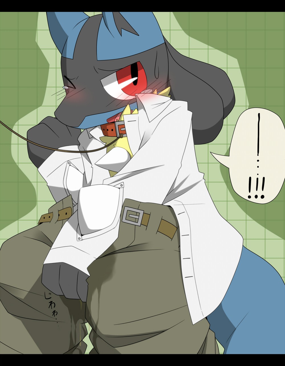 2012 anthro black_bars black_body black_fur blue_body blue_fur blush bodily_fluids bottomwear canid canine clothing collar e621 exclamation_point fur generation_4_pokemon genital_fluids hi_res holding_crotch letterbox lucario male mammal nintendo omorashi pants peeing pokemon pokemon_(species) red_eyes satsuki_rabbit solo sweat tears urine wet wet_clothing wetting