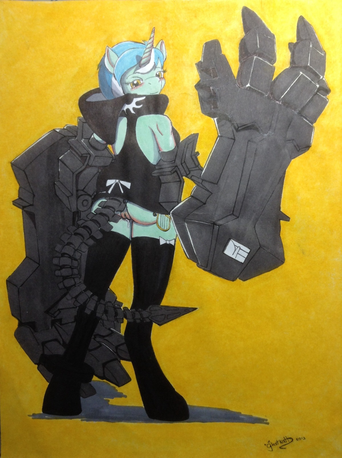 anthro anthrofied blue_hair bottomless butt clothed clothing cutie_mark e621 equid equine female friendship_is_magic genitals ghstkatt hair hasbro hi_res horn legwear looking_at_viewer looking_back lyra_heartstrings_(mlp) machine mammal my_little_pony mythological_creature mythological_equine mythology ribbons solo stockings unicorn vulva