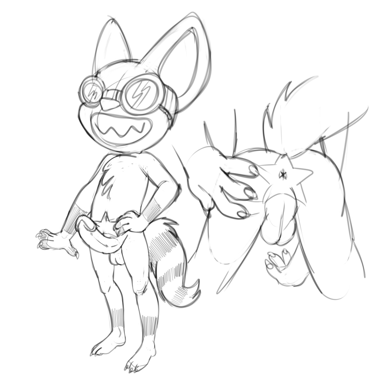 1:1 anthro anus backsack balls biped butt claws digital_drawing_(artwork) digital_media_(artwork) e621 erection eyewear genitals goggles hi_res humanoid_genitalia humanoid_penis male mammal monochrome penis procyonid raccoon simple_background smudge_proof solo spread_butt spread_legs spreading standing star white_background
