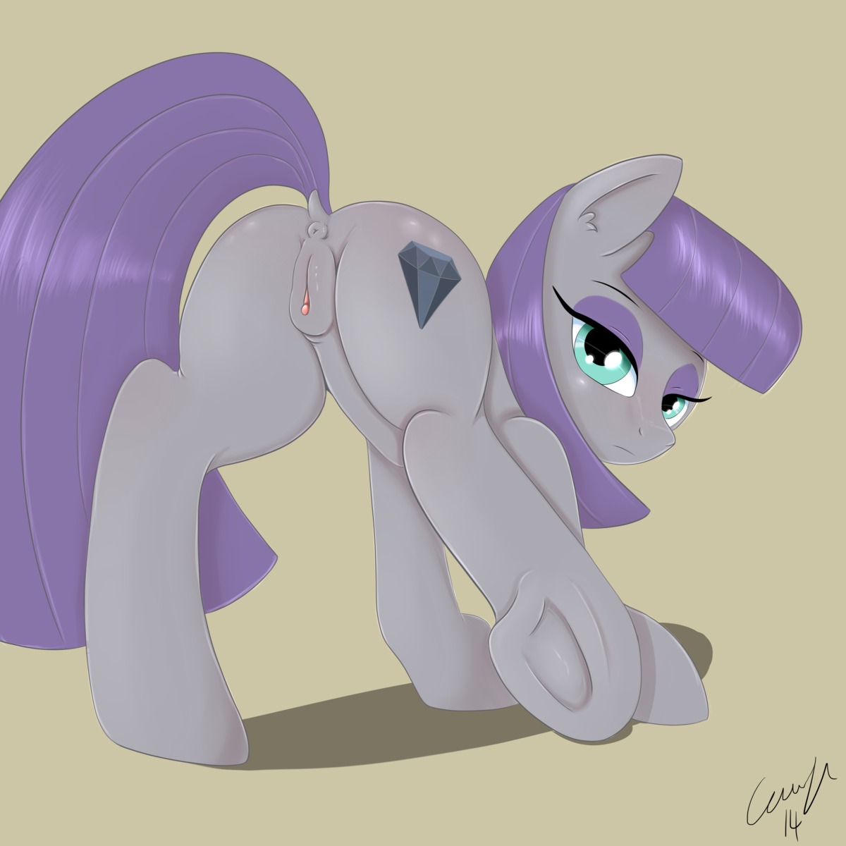 1:1 2014 absurd_res animal_genitalia animal_vulva anus blue_eyes butt cutie_mark e621 earth_pony equid equine equine_anus equine_genitalia equine_vulva female feral friendship_is_magic fur genitals grey_body grey_fur hair hasbro hi_res horse looking_at_viewer mammal matimus91 maud_pie_(mlp) my_little_pony pony presenting presenting_hindquarters purple_hair shadow simple_background solo vulva
