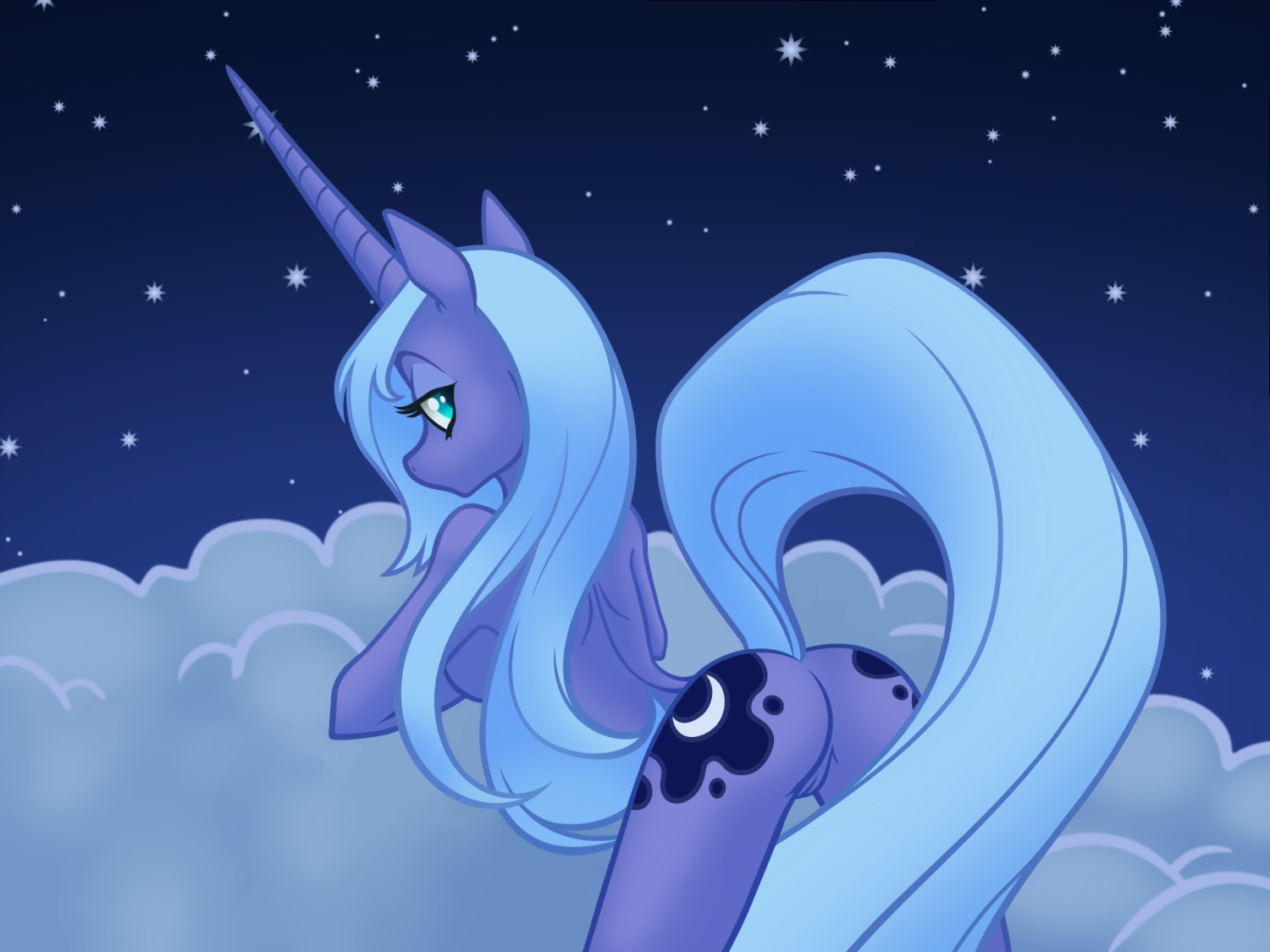 2013 3luk 4:3 anthro bedroom_eyes biped blue_body blue_fur blue_hair cloud cool_colors cutie_mark e621 equid equine female friendship_is_magic fur genitals hair half-closed_eyes hasbro hi_res hooves horn long_hair looking_at_viewer looking_back lying mammal my_little_pony mythological_creature mythological_equine mythology narrowed_eyes night outside presenting princess_luna_(mlp) raised_tail rear_view seductive solo star tail teal_eyes unicorn vulva