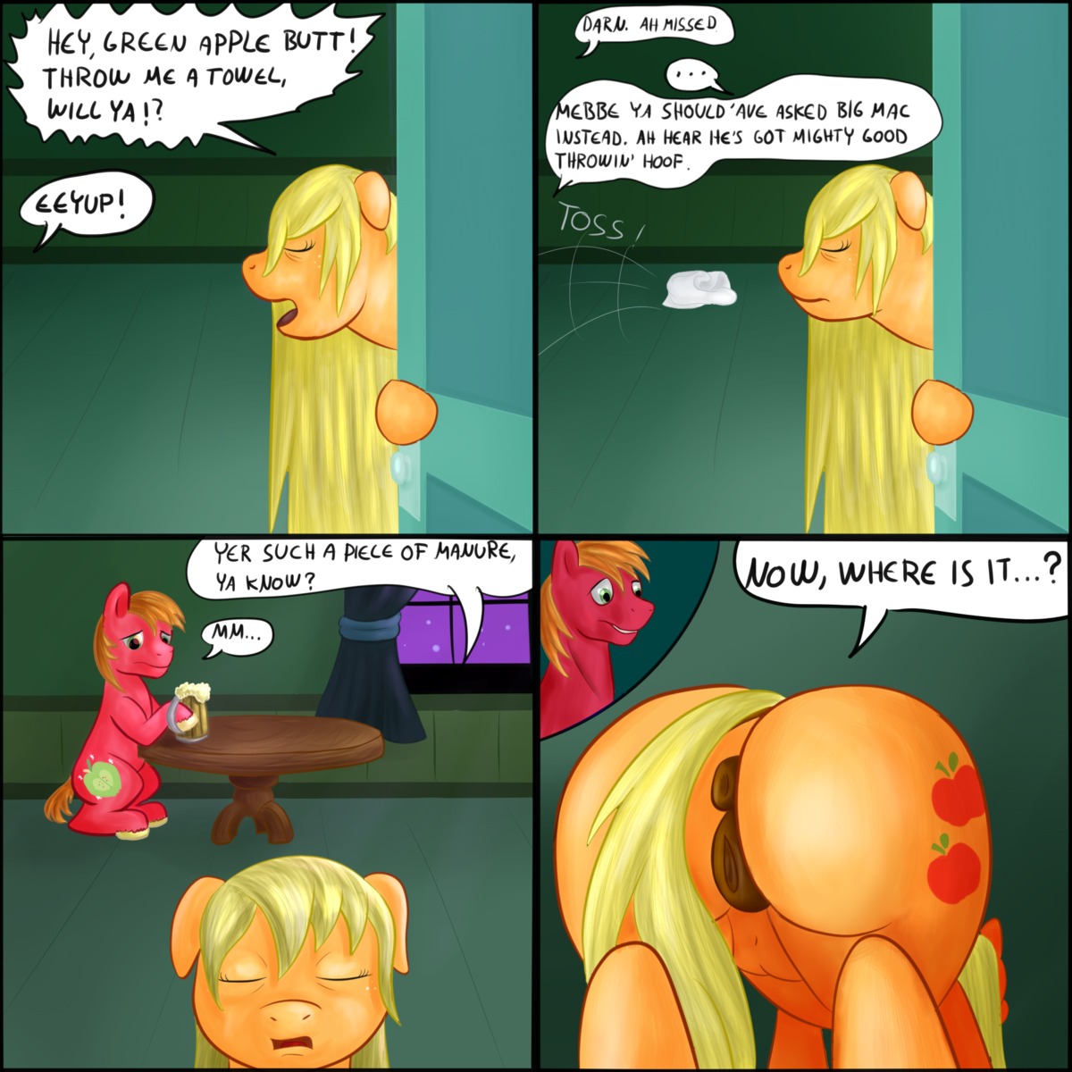 1:1 2013 anus applejack_(mlp) beverage big_macintosh_(mlp) blonde_hair brother_(lore) brother_and_sister_(lore) butt comic cutie_mark dialogue duo e621 earth_pony english_text equid equine eyes_closed female feral food freckles friendship_is_magic fur furniture genitals hair hasbro hi_res horse inside long_hair male mammal my_little_pony orange_body orange_fur orange_hair pony ponyway red_body red_fur sibling_(lore) sister_(lore) table text towel vulva window