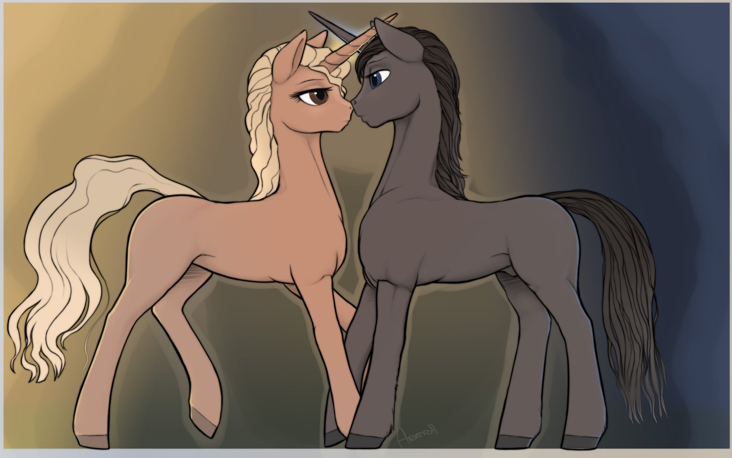 16:10 2014 anatomically_correct anatomically_correct_genitalia animal_genitalia arareroll black_hair blue_eyes brown_eyes digital_media_(artwork) duo e621 equid equine equine_genitalia eye_contact eyebrows fan_character female feral fully_sheathed genitals gradient_background grey_body grey_horn grey_legs grey_sheath hair half-closed_eyes hasbro hi_res hooves horn looking_at_another male mammal mouth_closed my_little_pony mythological_creature mythological_equine mythology narrowed_eyes nude sheath simple_background tail tan_body tan_hair tan_horn tan_legs unicorn widescreen