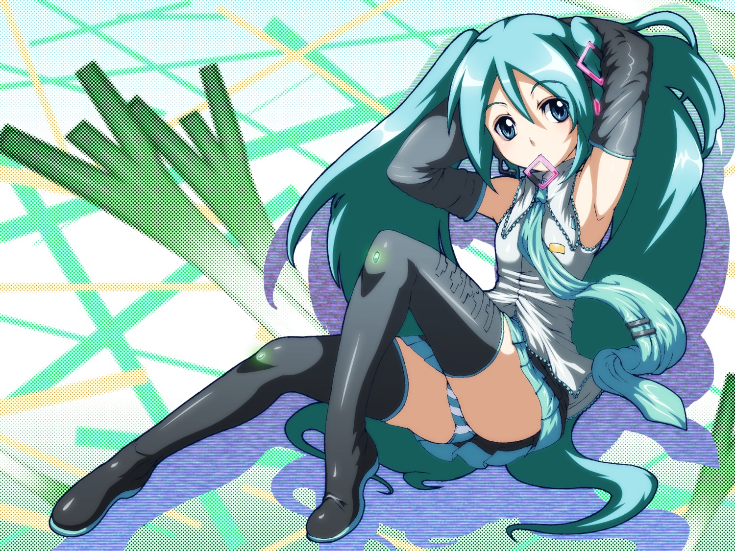 1girl aqua_eyes aqua_hair armpits arms_up ass caryo clothing condom condom_in_mouth detached_sleeves female hatsune_miku high_resolution leek long_hair mouth_hold necktie panties pantyshot rule34 shimapan sitting skirt solo striped striped_panties tabigarasu thighhighs tied_hair twintails underwear very_long_hair vocaloid wallpaper