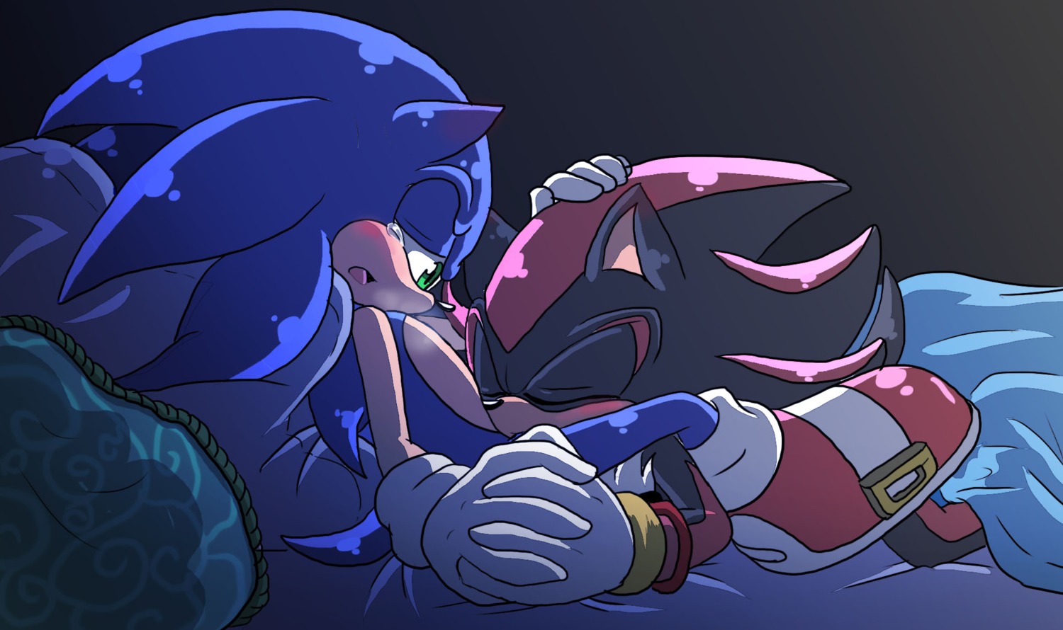angelofhapiness anthro bed black_body black_fur black_hair black_nose blue_body blue_hair blush bodily_fluids chest_tuft clothing duo e621 eulipotyphlan eyes_closed fellatio footwear fur furniture gloves hair hand_holding handwear hedgehog hi_res male male/male male_penetrated male_penetrating male_penetrating_male mammal open_mouth oral penetration penile sega sex shadow_the_hedgehog shoes sonic_the_hedgehog sonic_the_hedgehog_(series) tears tuft white_clothing white_gloves white_handwear