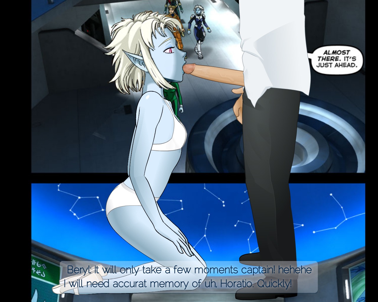 1boy 1girls :>= alexander_jardin arioch beryl_(outsider) blue_skin bra breasts english_text fellatio female jim_francis konashion loroi male oral outsider_(webcomic) panties penis pointy_ears rule34 screencap side_view super_deepthroat_game text webcomic white_hair
