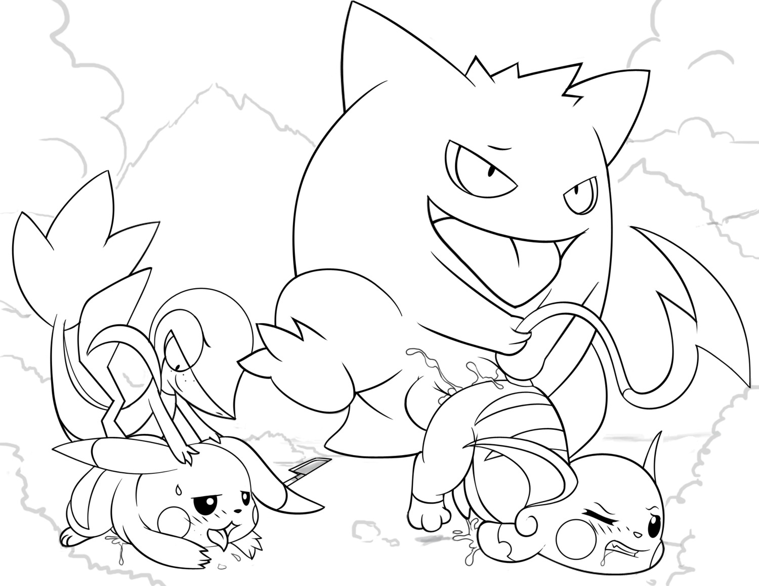 all_fours anal anal_penetration black_and_white blush blush_lines bodily_fluids clenched_teeth conditional_dnp cum cum_while_penetrated cumshot doggystyle e621 ejaculation erection freckled_face freckles from_behind_position generation_1_pokemon generation_5_pokemon gengar genital_fluids genitals group group_sex hands-free hi_res knife male male/male male_penetrated male_penetrating male_penetrating_male mammal monochrome nintendo one_eye_closed open_mouth orgasm penetration penis pikachu plant pokemon pokemon_(species) raichu rodent sex shrub snivy tail tapering_penis teeth tongue tongue_out tricksta