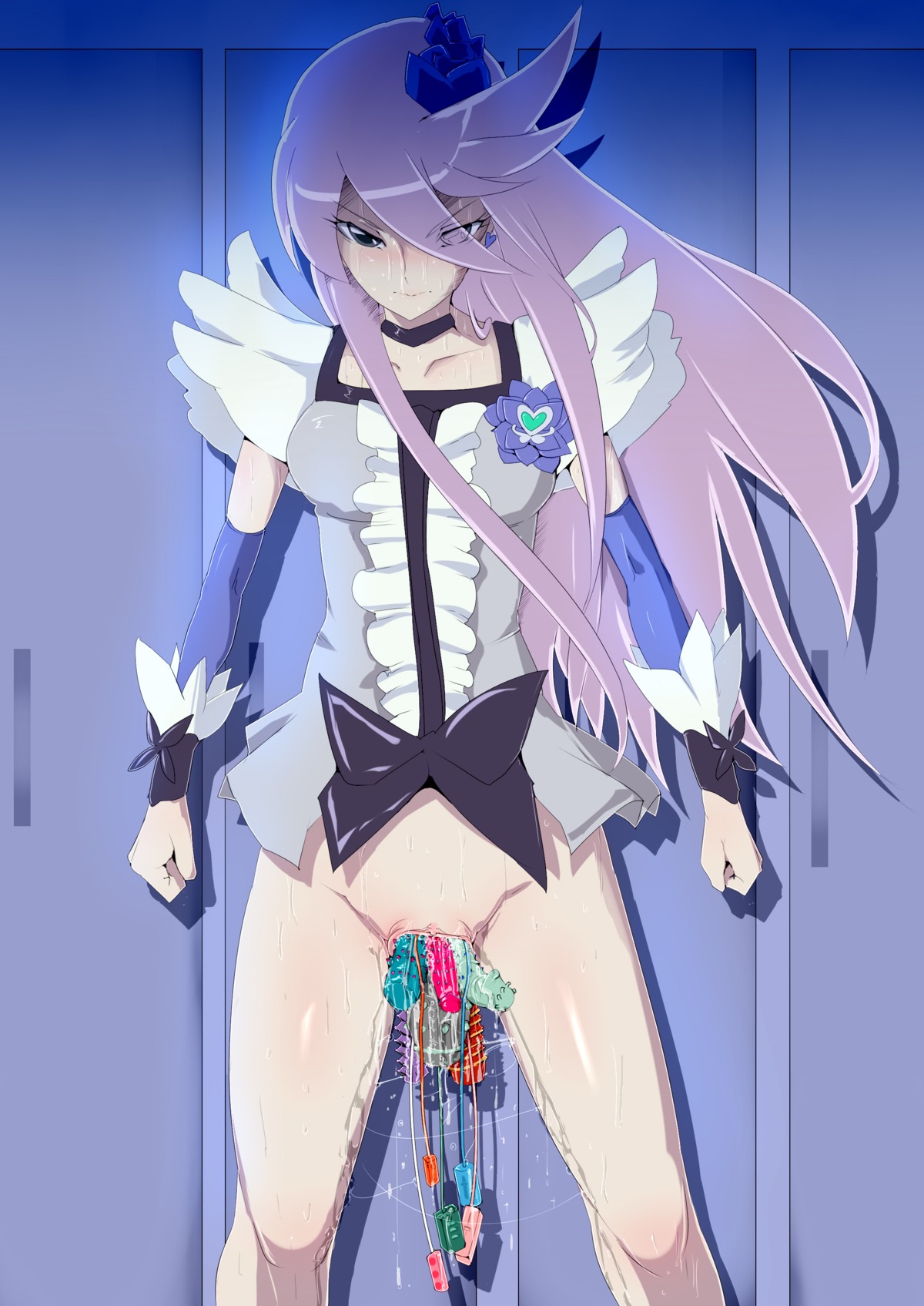 blue_eyes bottomless breasts clenched_teeth clothing cure_moonlight female heartcatch_precure! high_resolution insertion long_hair magical_girl multiple_insertions nyuu_(manekin-eko) precure pretty_cure purple_hair pussy pussy_juice rule34 small_breasts solo sweat tear tsukikage_yuri uncensored vibrator