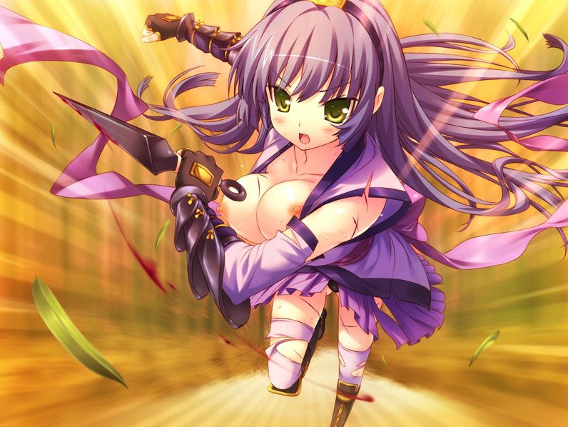 1girls breasts cg cuts female kunai kunoichi kunoichi_ga_iku large_breasts long_hair ninja purple_hair rule34 topless torn_clothes yellow_eyes