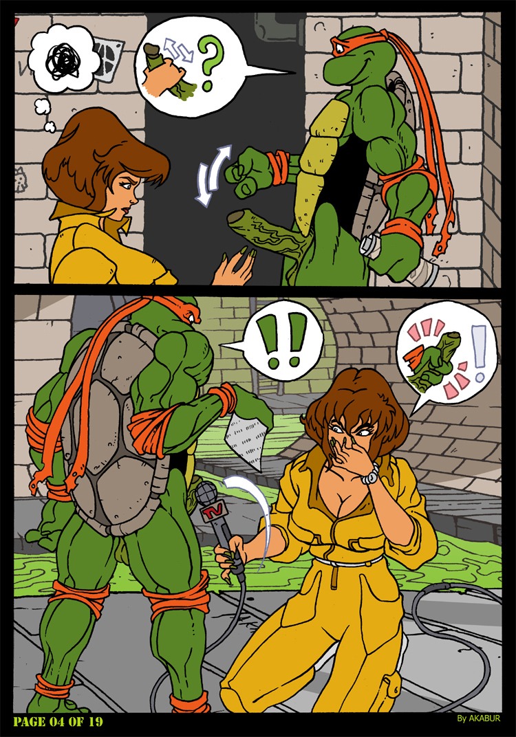 akabur anthro april_o'neil comic dialogue duo e621 female genitals handjob human male mammal mask michelangelo_(tmnt) penile penis pictographics reptile scalie sex speech_bubble teenage_mutant_ninja_turtles teenage_mutant_ninja_turtles_(1987) turtle