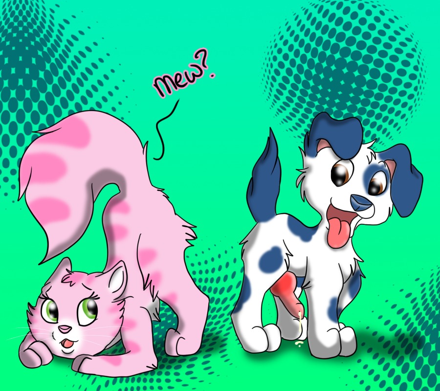 2010 american_greetings ass_up butt canid canine canis custard_(character) dialogue domestic_cat domestic_dog duo e621 english_text erection felid feline felis female feral genitals interspecies looking_back male male/female mammal nude penis presenting presenting_hindquarters pupcake smile strawberry_shortcake tail text thepinkdemon