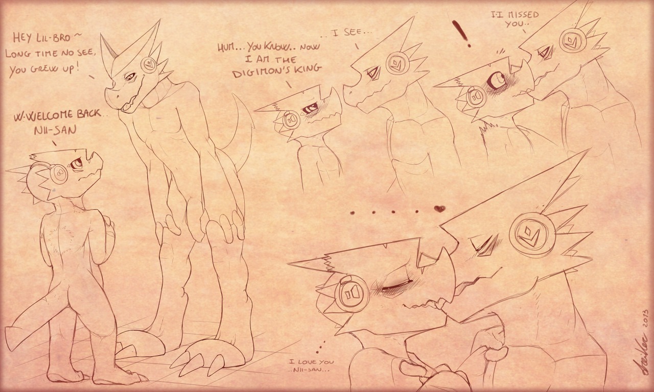 2013 5:3 anthro bandai_namco blush brother_(lore) brothers_(lore) butt dialogue digimon digimon_(species) digital_drawing_(artwork) digital_media_(artwork) dreiker duo e621 english_text eye_contact flaccid foreskin genitals hand_on_shoulder heart_symbol incest_(lore) kissing larger_male leaning leaning_forward looking_at_another male male/male monochrome nude penis sepia shoutmon shoutmon_(king_ver.) sibling_(lore) size_difference smaller_male text young