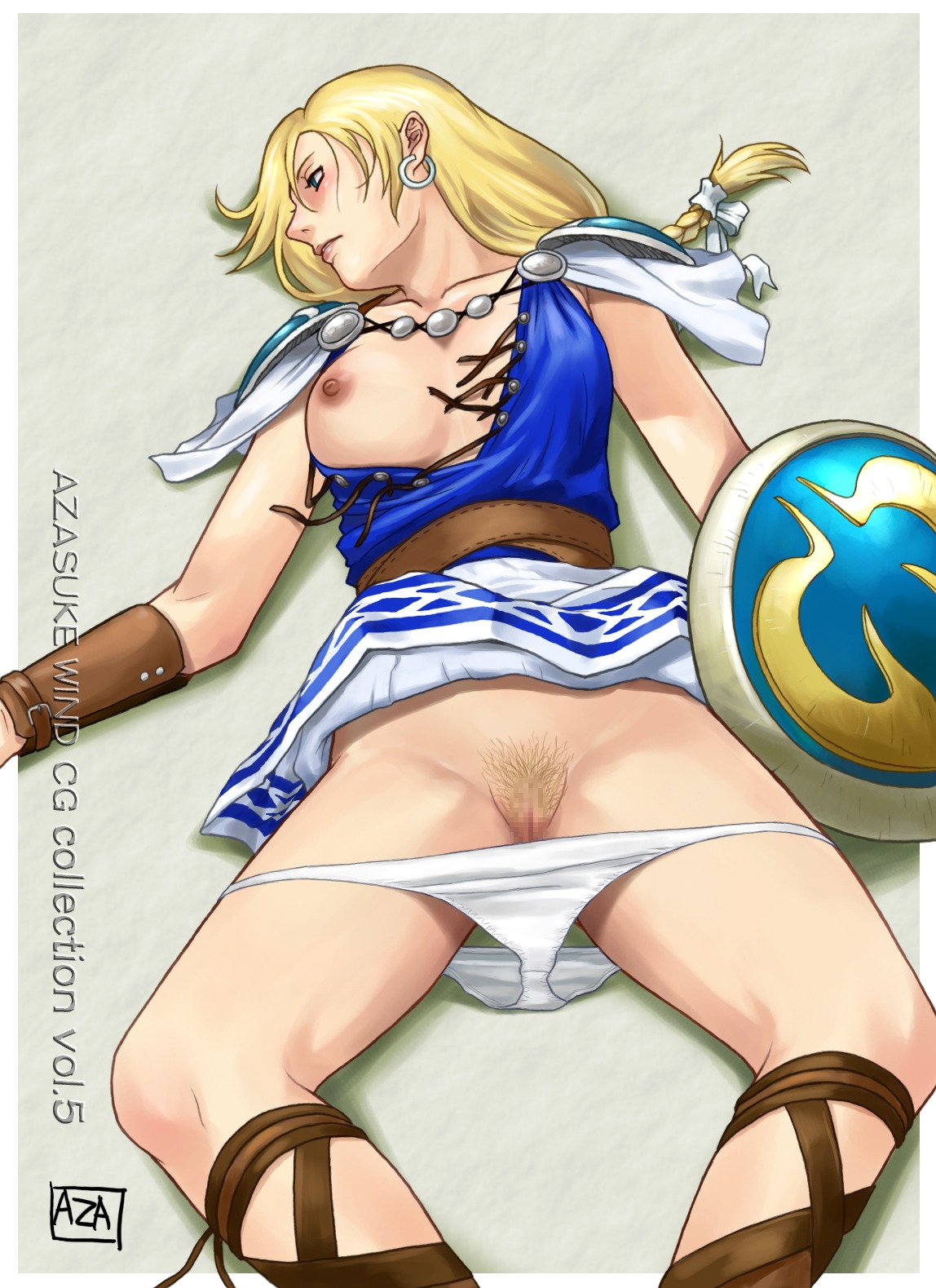 azasuke blonde_hair braid breasts censored clothes earrings female female_only highres human jewelry milf pubic_hair ribbon rule34 shield solo sophitia_alexandra soul_calibur torn_clothes