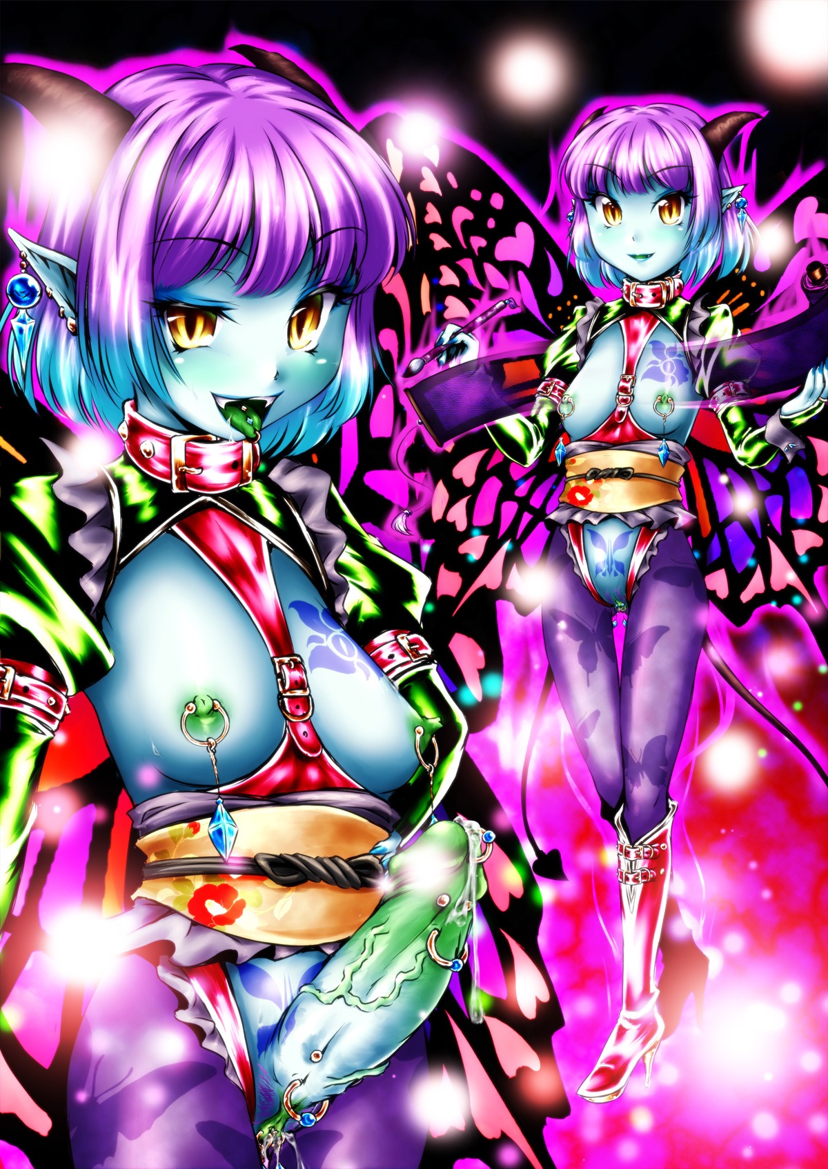 boots breasts butterfly_wings collar corruption dark_persona demon_tail earrings futanari hieda_no_akyuu highres intersex jewelry nipple_piercing nipple_rings nipples penis piercing pointy_ears purple_hair pussy rule34 scroll short_hair tail tattoo touhou wings yellow_eyes yuzu_momo