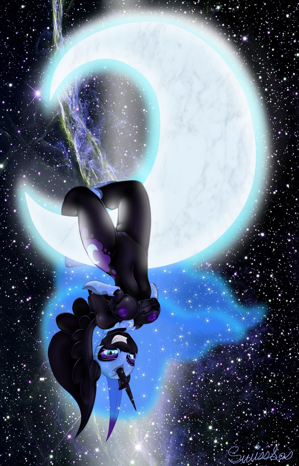 anthro anthrofied areola big_breasts black_body black_feathers blue_eyes blue_hair breasts e621 equid equine erect_nipples feathered_wings feathers female friendship_is_magic genitals grin hair hasbro hi_res horn long_hair looking_at_viewer mammal my_little_pony mythological_creature mythological_equine mythology navel nightmare_moon_(mlp) nipples nude smile solo swissleos vulva winged_unicorn wings