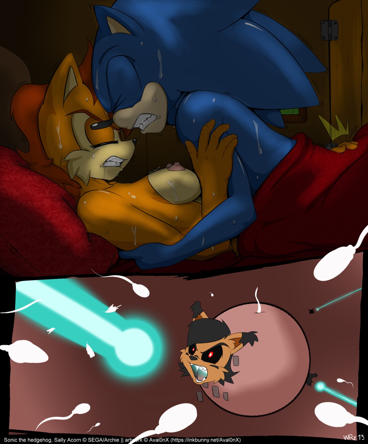2013 anthro anthrofied archie_comics areola aval0nx bed bedding big_breasts blanket blue_body blue_hair bodily_fluids breasts brown_body brown_fur canon_couple chipmunk clenched_teeth cum cum_in_vagina cum_inside cumshot digital_creature drooling duo_focus e621 ejaculation english_text erect_nipples erection eulipotyphlan felid feline female foreheads_touching from_front_position fur furniture genital_fluids genitals ground_squirrel group hair hedgehog hi_res impregnation impregnation_view internal laser lying lynx male male/female male_penetrating mammal missionary_position nicole_the_lynx nipples nude on_back orgasm ovum ovum_with_face penetration penis pillow red_hair rodent saliva sally_acorn sciurid sega sex sonic_the_hedgehog sonic_the_hedgehog_(archie) sonic_the_hedgehog_(comics) sonic_the_hedgehog_(series) sperm_cell sweat teeth text unusual_ovum url vaginal vaginal_penetration