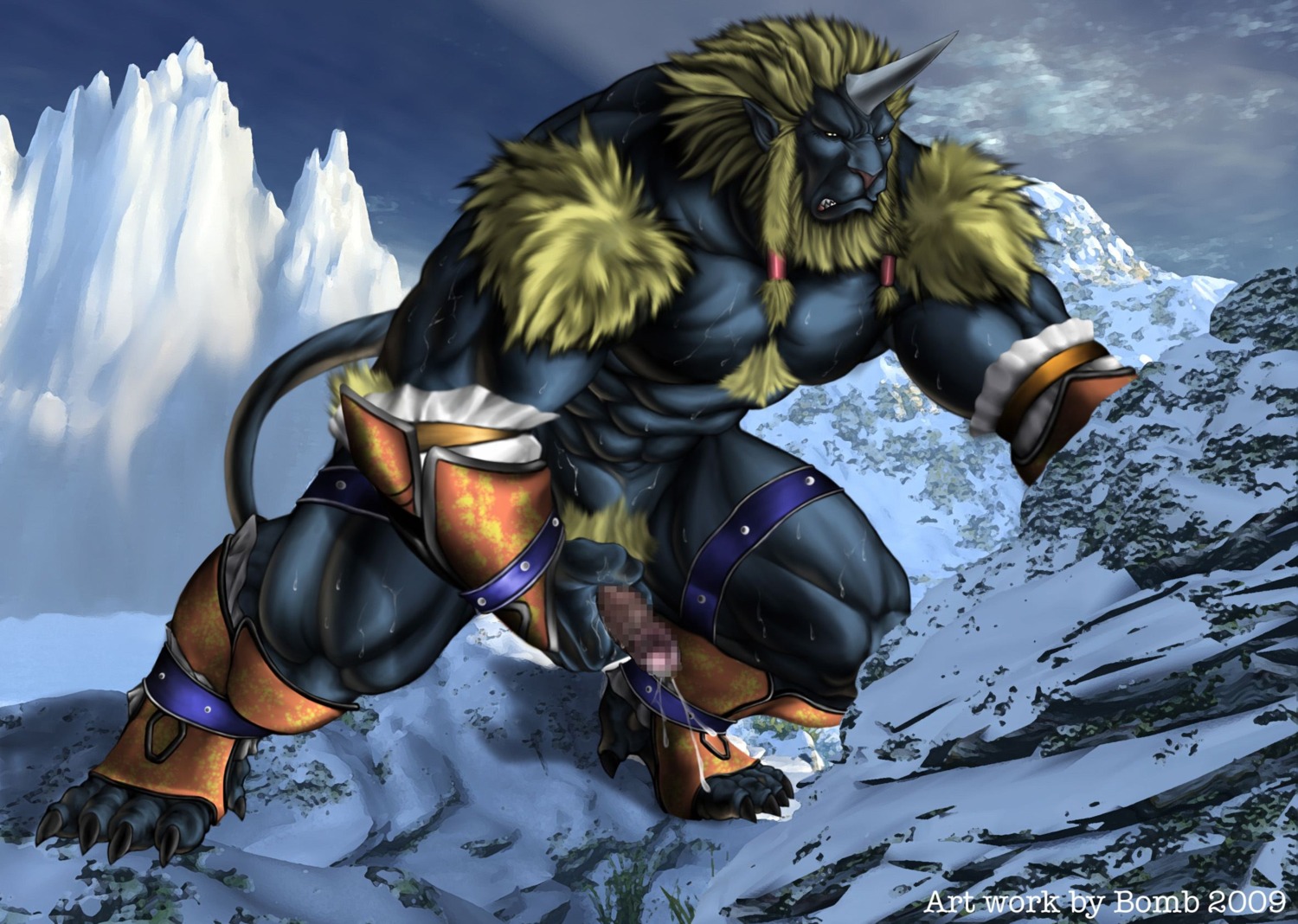 anthro biran bomb_(artist) censored cloud e621 erection felid final_fantasy final_fantasy_x genitals hi_res horn humanoid_genitalia humanoid_penis male mammal masturbation mosaic_censorship muscular muscular_anthro muscular_male outside penile penile_masturbation penis ronso sky solo square_enix tail