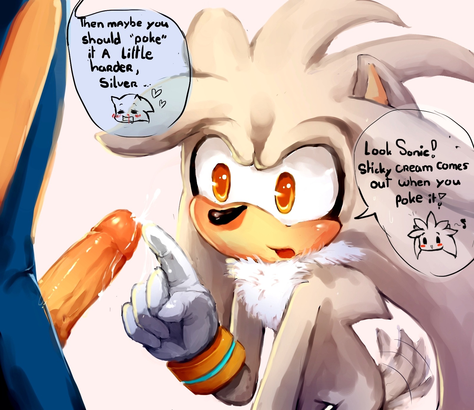 amber_eyes anthro balls blue_body blue_fur blue_hair blush bodily_fluids chest_tuft clothing cum dialogue dragonichigo duo e621 english_text erection eulipotyphlan faceless_character faceless_male fur genital_fluids genitals gloves hair handwear heart_reaction heart_symbol hedgehog hi_res humanoid_genitalia humanoid_penis looking_at_genitalia looking_at_penis looking_pleasured male male/male mammal naive oblivious penis penis_in_face poking precum sega sex side_mouth silver_the_hedgehog sonic_the_hedgehog sonic_the_hedgehog_(series) speech_bubble tail tail_motion tailwag text tuft yellow_eyes