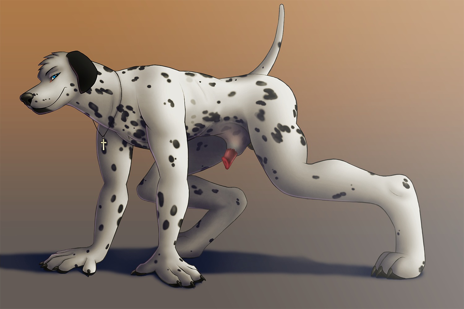 3:2 5_fingers all_fours animal_genitalia anthro athletic athletic_anthro athletic_male black_body black_claws black_fur black_nose black_spots blue_eyes canid canine canis claws cross cross_necklace dalmatian digitigrade domestic_dog e621 fingers fur genitals jewelry looking_at_viewer male mammal markings mixer_(mixer1981) multicolored_body multicolored_fur necklace nude penis penis_tip pose raised_tail sheath simple_background smile solo spots spotted_body spotted_fur tail toe_claws two_tone_body two_tone_fur virtyalfobo white_body white_fur