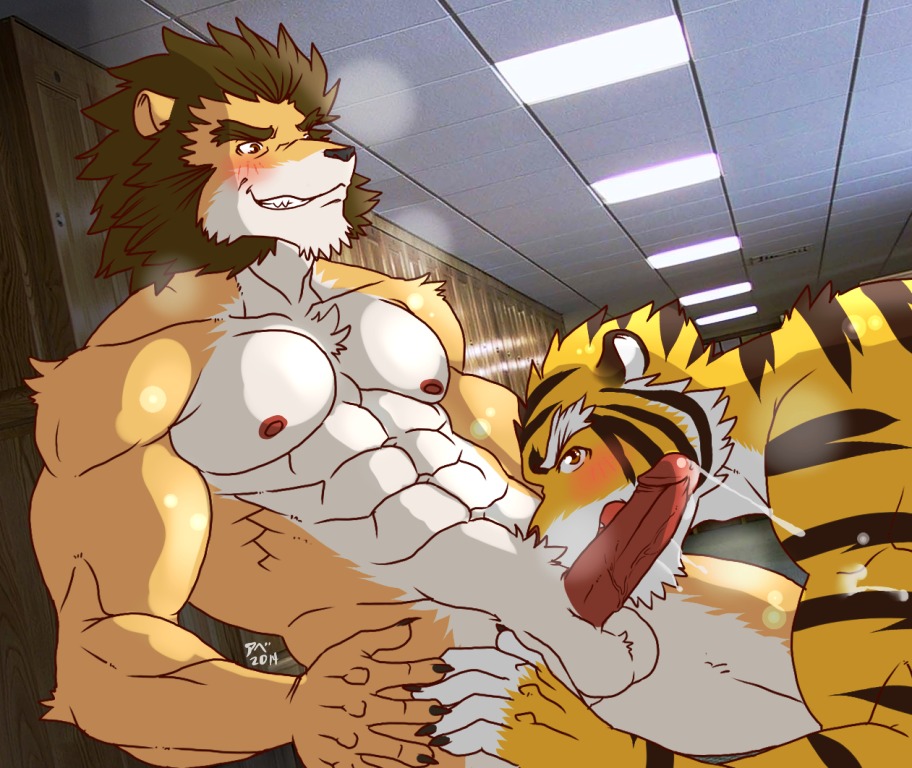 2014 5_fingers abs animal_genitalia anthro athletic balls bent_over biceps big_muscles black_nose blush bodily_fluids brown_body brown_eyes brown_fur canid canine chest_tuft claws cum cum_on_arm cum_string dripping duo e621 erection fangs felid fellatio fingers fur genital_fluids genitals grin hair hentist humanoid_genitalia humanoid_penis inside leaking lion locker locker_room looking_at_viewer male male/male male_penetrated male_penetrating male_penetrating_male mammal markings muscular muscular_male nipples nude oral orange_body orange_fur pantherine pecs penetration penile penis pink_nose pose precum sex sheath shishimaru_genjurou side_view sitting smile striped_body striped_fur stripes tan_body tan_fur teeth tiger toragami_gaou tuft vein white_body white_fur