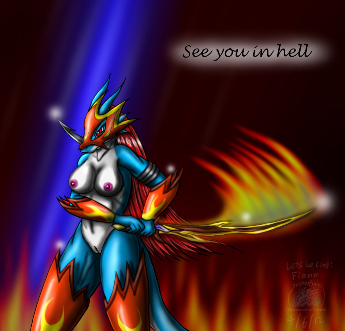 2012 anthro bandai_namco biped blue_body blue_skin breasts clothing digimon digimon_(species) dragon e621 female fire fire_background flamedramon fur genitals hair horn lizard long_hair looking_at_viewer melee_weapon mythological_creature mythological_scalie mythology nipples non-mammal_breasts non-mammal_nipples red_eyes red_hair reptile scalie snowfyre solo standing sword tail text vulva weapon white_body white_fur white_skin