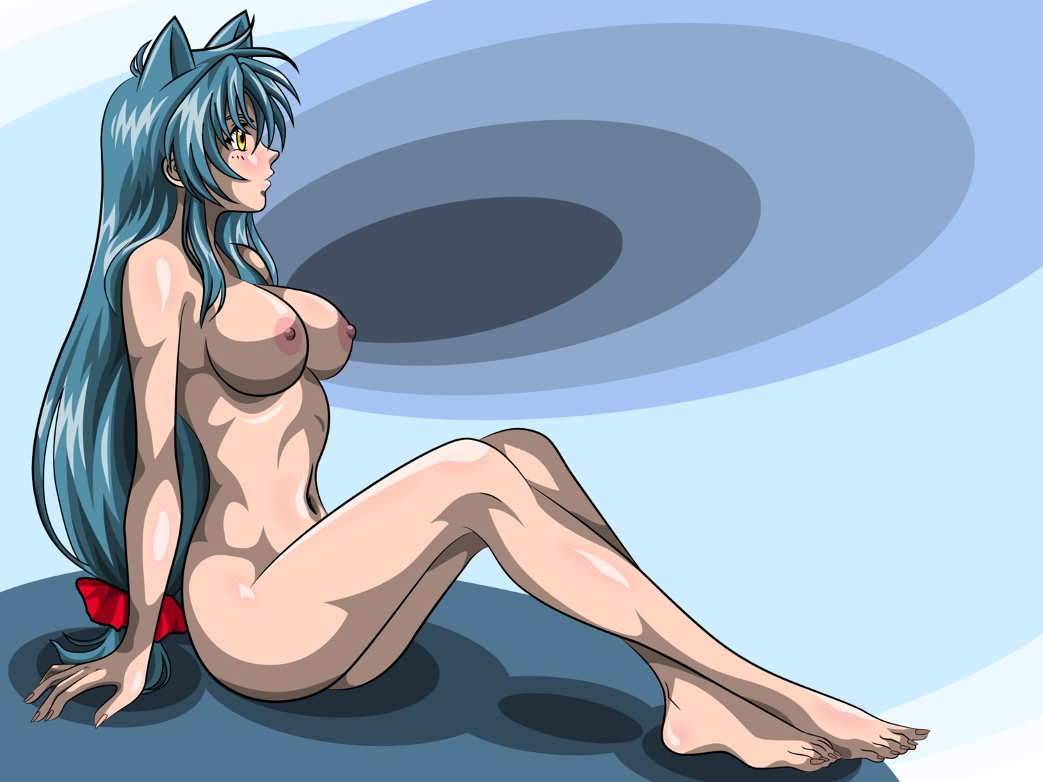 1girls animal_ears blue_background blue_hair breasts cat_ears chidori_kaname female female_only full_metal_panic highres humanoid large_breasts nipples nude rule34 sitting solo yellow_eyes