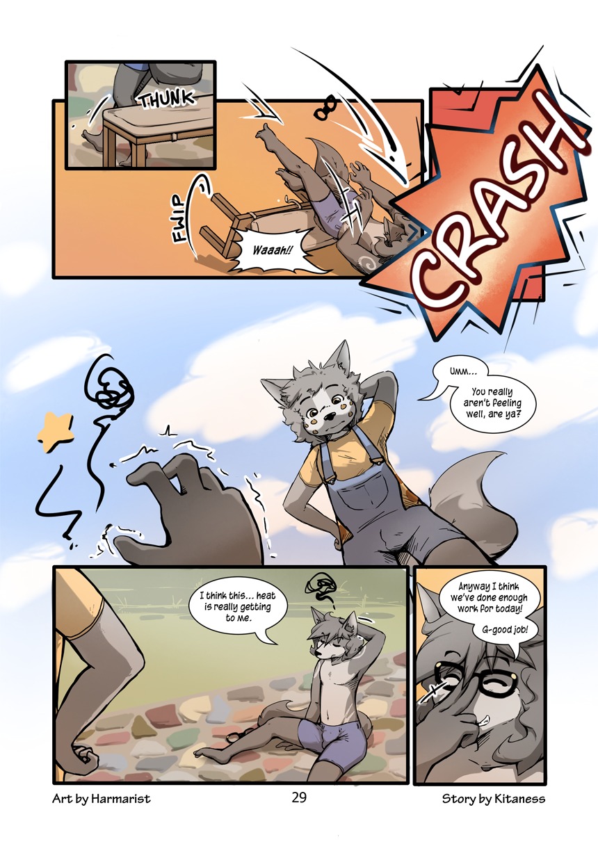 adolescent age_difference alex_(harmarist) anthro barefoot bench bottomwear brother_(lore) brothers_(lore) bulge canid canine canis child clothed clothed_anthro clothed_male clothing comic deception detailed_bulge dialogue duo e621 english_text eyewear feet fully_clothed fully_clothed_anthro fully_clothed_male fur furgonomic_eyewear furgonomics genital_outline glasses harmarist hi_res looking_at_another looking_at_relative looking_at_sibling low-angle_view male mammal multiple_scenes nervous nervous_smile number older_brother older_male older_sibling overalls page_number pain sheath_and_knife shirt shorts sibling_(lore) sitting size_difference star stuttering tail text toes topless topless_anthro topless_male topwear will_(harmarist) wolf worm's-eye_view young young_anthro