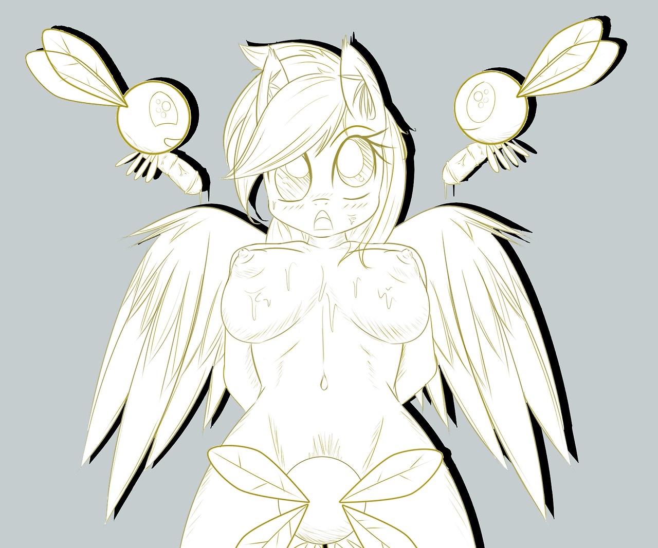 2014 anthro anthrofied ass-stalker blush bodily_fluids breasts cum derpy_hooves_(mlp) e621 equid equine erection feathered_wings feathers female friendship_is_magic genital_fluids genitals group hair hasbro insect_wings male mammal monochrome my_little_pony mythological_creature mythological_equine mythology navel nipples nude open_mouth parasprite_(mlp) pegasus penis vein wings