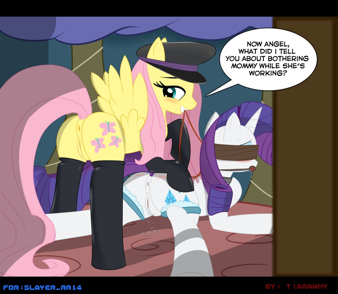 anus ball_gag bdsm blindfold blush bodily_fluids bondage bound clothing cutie_mark dominant dominant_female duo e621 english_text equid equine feathered_wings feathers female female/female feral feral_on_feral fluttershy_(mlp) friendship_is_magic gag gagged genital_fluids genitals hasbro hi_res horn leash legwear looking_back mammal my_little_pony mythological_creature mythological_equine mythology pegasus quadruped rarity_(mlp) spread_legs spreading submissive submissive_female tail text thigh_highs tiarawhy unicorn vaginal vaginal_fluids vulva walk-in wing_boner wings yellow_body yellow_feathers