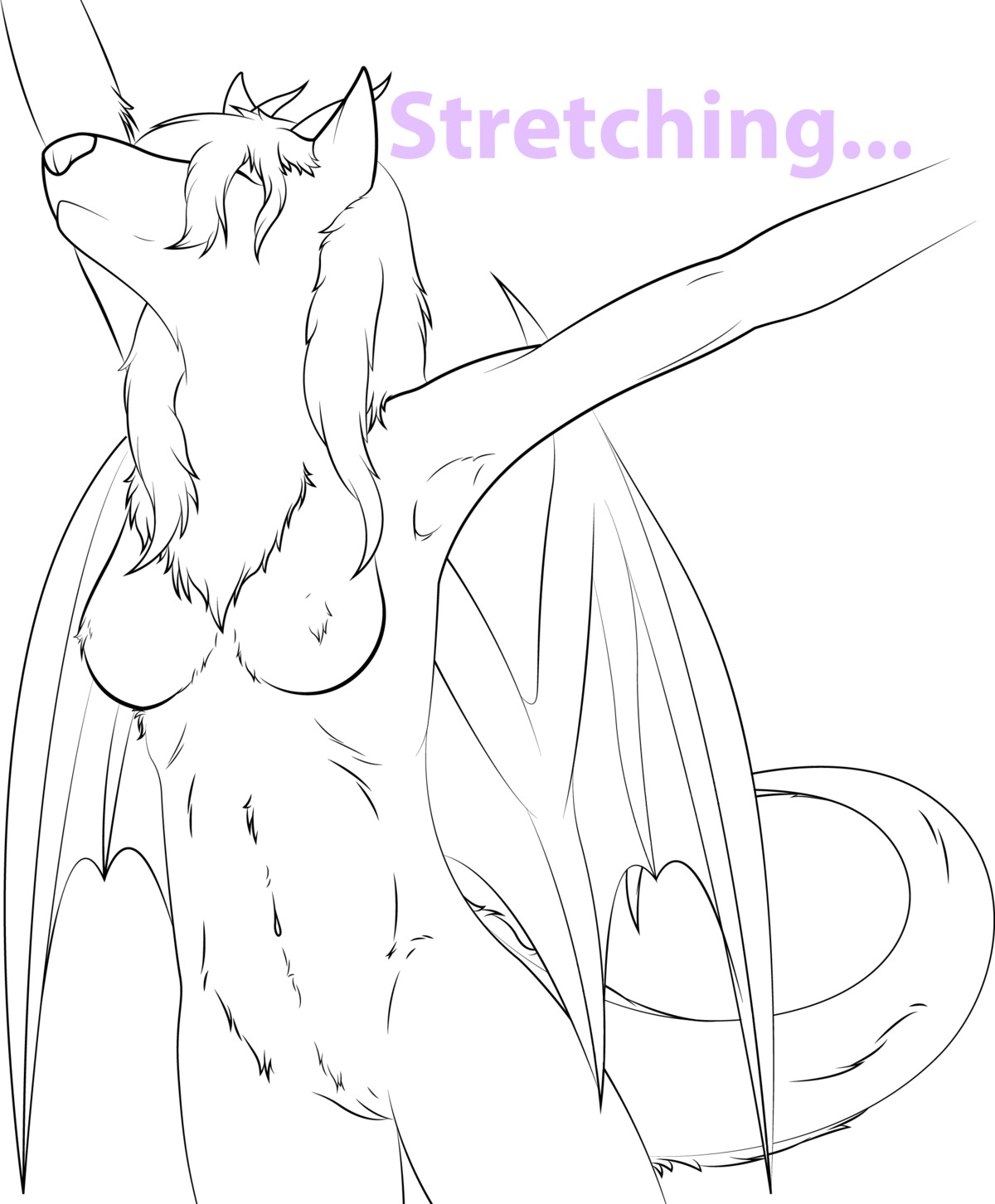 absurd_res anthro breasts canid canine demon digipixelfluff digital_drawing_(artwork) digital_media_(artwork) e621 english_text female fur genitals hair hi_res horn line_art long_hair mammal membrane_(anatomy) membranous_wings monochrome naturally_censored nipple_tuft solo stretching tail text tuft vector vulva wings