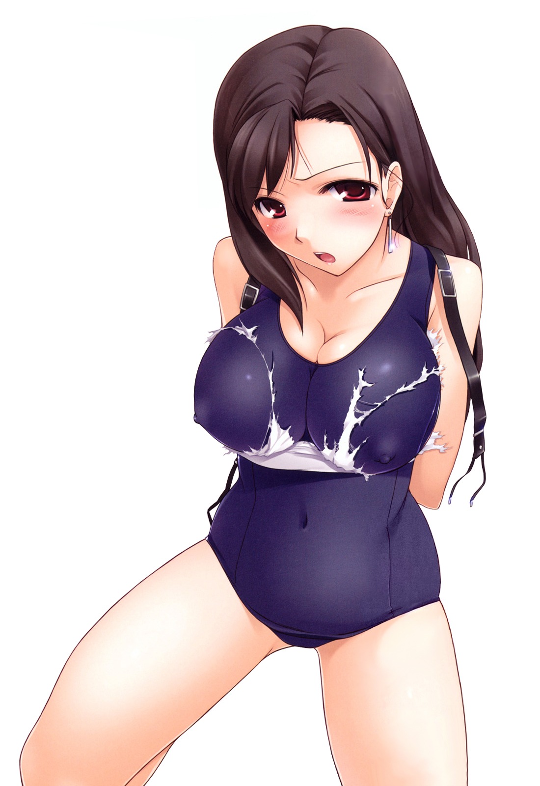 arms_behind_back breasts brown_hair cleavage erect_nipples female female_only final_fantasy final_fantasy_vii highres human long_hair nipples nonude red_eyes rule34 simple_background solo swimsuit tifa_lockhart tight_clothes torn_clothes