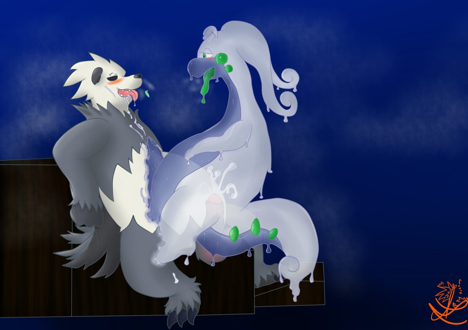 anthro asbiearts bear blush bodily_fluids conditional_dnp cum cum_in_ass cum_inside dragon duo e621 erection foreskin gastropod generation_6_pokemon genital_fluids genitals goodra hi_res humanoid_genitalia humanoid_penis male male/male mammal mollusk mythological_creature mythological_scalie mythology nintendo pangoro partially_retracted_foreskin penis pokemon pokemon_(species) saliva scalie sex slime tail