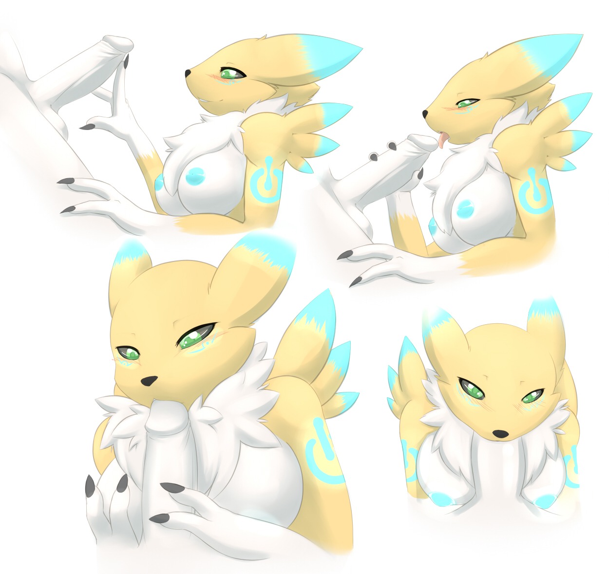 2013 alternate_color anthro anthro_penetrated balls bandai_namco bioluminescence biped black_nose black_sclera blue_body blue_fur blue_markings blue_nipples blush breasts canid canine chest_tuft claws digimon digimon_(species) digiphilia duo e621 erection fan_character fellatio female female_on_human female_penetrated fur genitals glowing glowing_markings glowing_nipples green_eyes human human_on_anthro human_penetrating human_penetrating_anthro humanoid_genitalia humanoid_penis interspecies licking looking_at_genitalia looking_at_penis looking_at_viewer looking_up male male/female male_on_anthro male_penetrating male_penetrating_female mammal markings nipples nude oral oral_penetration penetration penile penis penis_lick power_symbol redwolfxiii renamon renamon_(redwolfxlll) sex simple_background smile symbol tongue tongue_out tuft white_background white_penis yellow_body yellow_fur