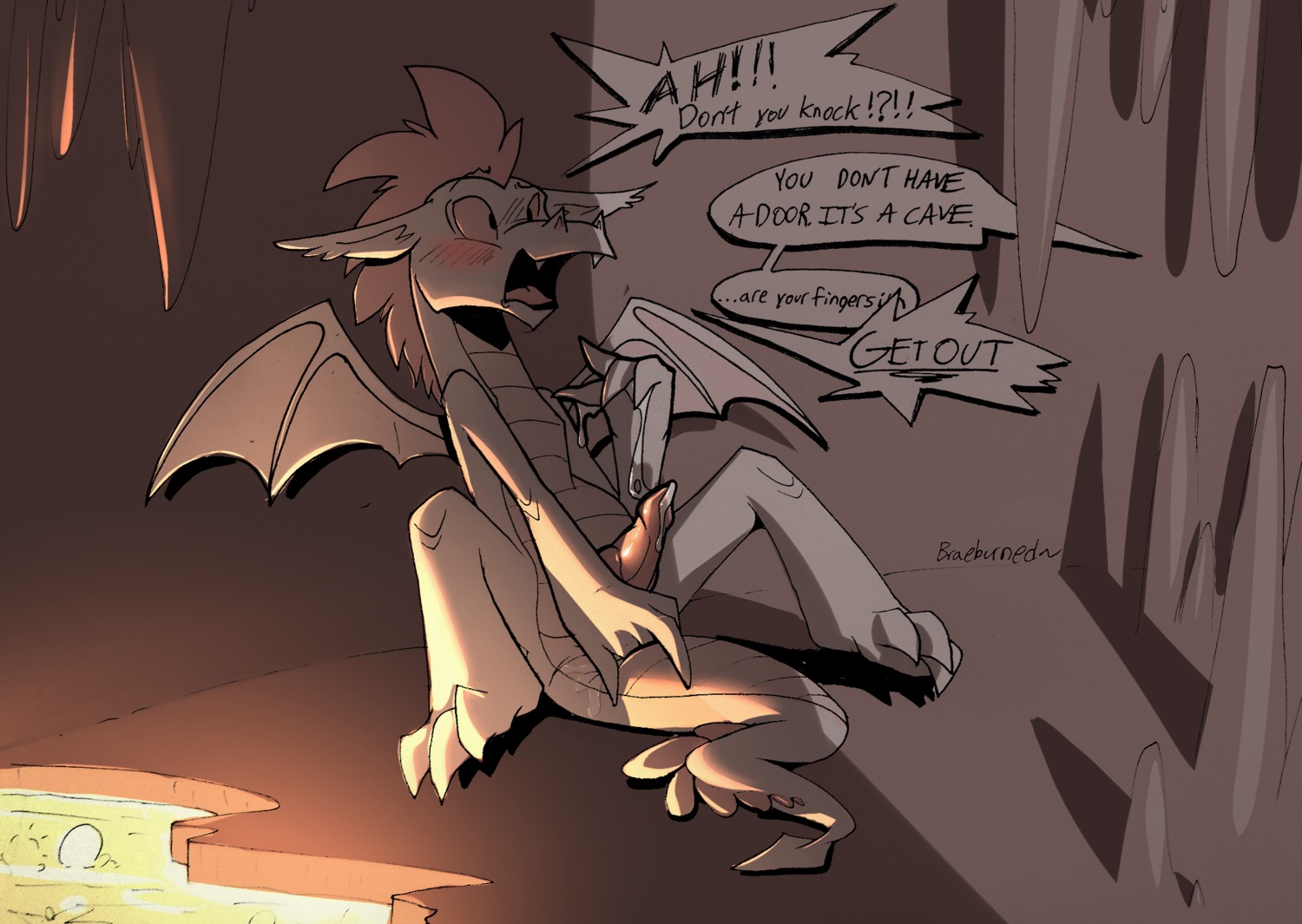 2014 anal anal_fingering anal_masturbation anal_penetration blush bodily_fluids braeburned caught_in_the_act caught_masturbating cave claws cum cum_drip cum_string dialogue digital_media_(artwork) dragon dripping e621 embarrassed english_text erection fingering fingering_self fizzle_(mlp) friendship_is_magic genital_fluids genitals hair hasbro hi_res knot lava male male_penetrated masturbation membrane_(anatomy) membranous_wings my_little_pony mythological_creature mythological_scalie mythology nude open_mouth penetration penis pink_hair reptile scales scalie solo stalactite stalagmite tail teeth text tongue walk-in white_body wings