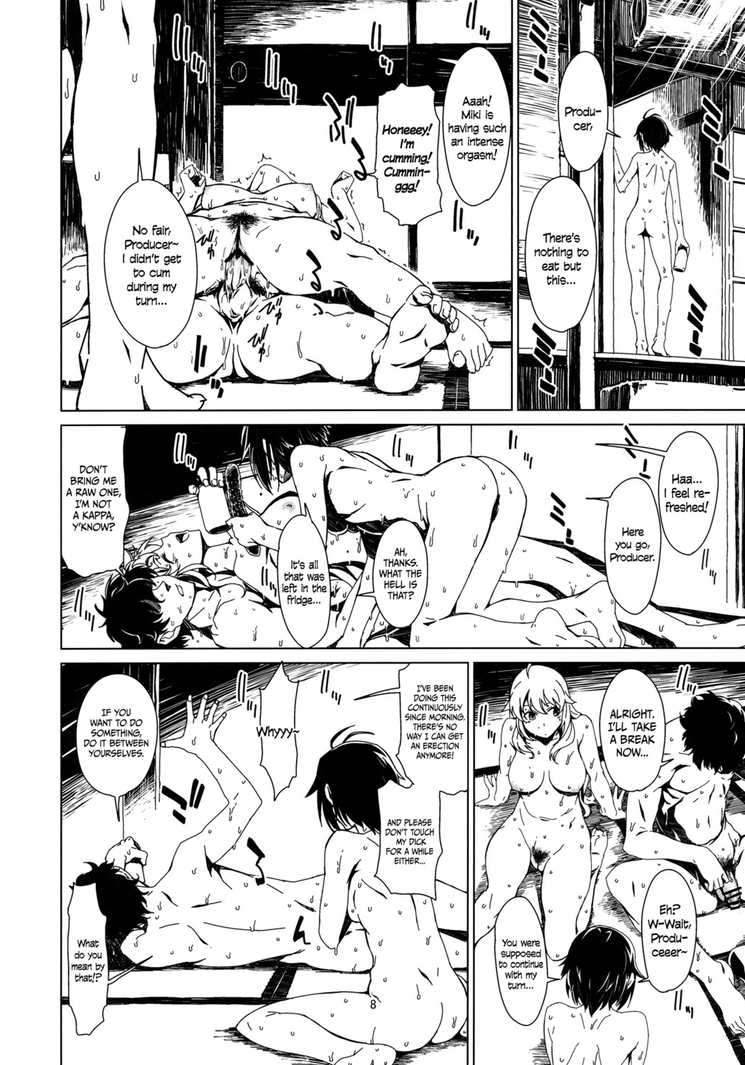 1boy 2girls backlighting bar_censor black_hair blonde_hair censored comic english_text female food hoshii_miki idolmaster kikuchi_makoto leg_grab long_hair male mouth_hold multiple_females multiple_girls navel nipples nude open_mouth oppai page_8 popsicle producer_(idolmaster) right_to_left rule34 sex shadow short_hair shouji spread_legs straight summer sweat sweatdrop takemura_sesshuu translated tree tupet