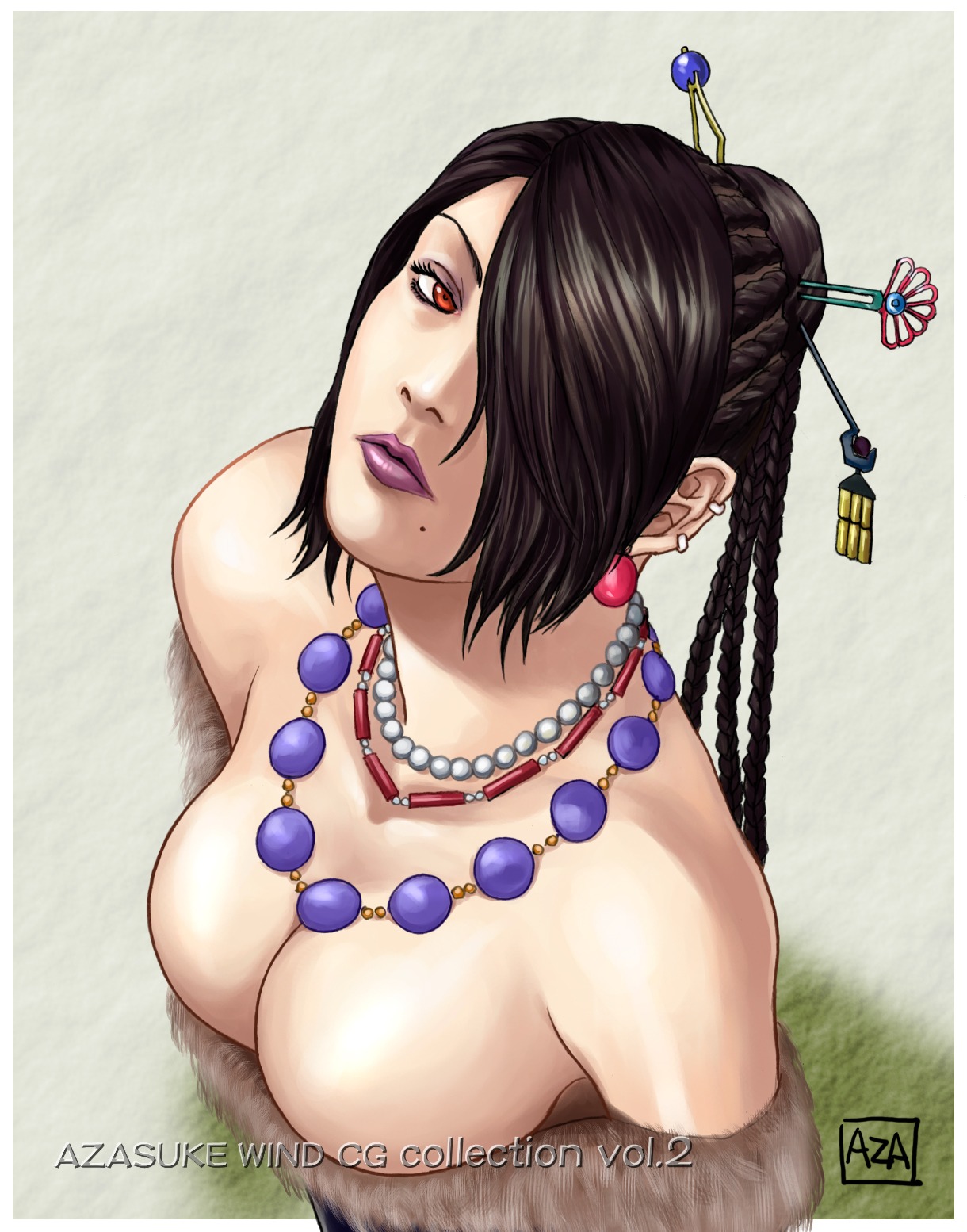 1girls 2d azasuke bare_shoulders beauty_mark black_hair braid breasts earrings female female_only final_fantasy final_fantasy_x hair_ornament hair_over_one_eye hairpin highres human jewelry large_breasts long_hair lulu_(final_fantasy) necklace purple_lips red_eyes rule34 solo solo_female