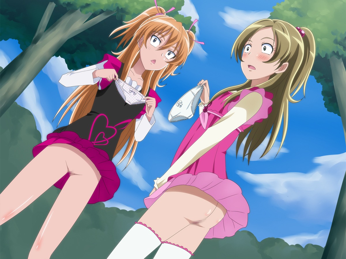 2girls ass blue_eyes blush bottomless brown_hair censored clothing clown_(artist) female green_eyes houjou_hibiki long_hair minamino_kanade multiple_females multiple_girls open_mouth orange_hair outdoors panties precure pretty_cure pussy rule34 skirt stockings suite_precure underwear