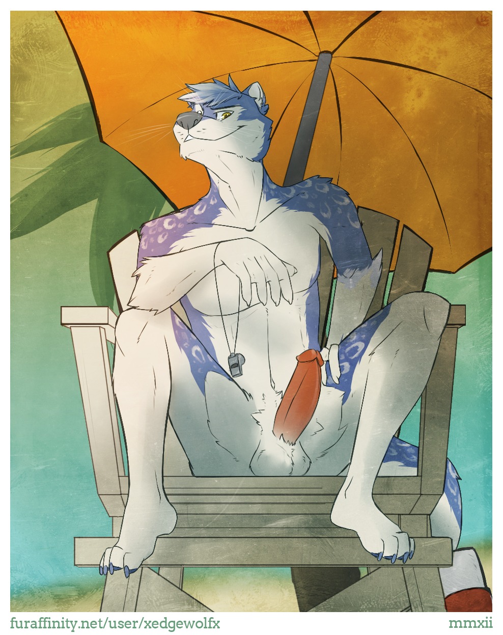 4_toes balls beach_umbrella blue_body blue_fur claws e621 erection feet fur genitals hi_res hindpaw humanoid_genitalia humanoid_penis lifeguard lifeguard_tower looking_at_viewer male mammal mareef mustelid nude otter parasol paws penis sitting solo tail text toes url whiskers whistle_(object) xedgewolfx