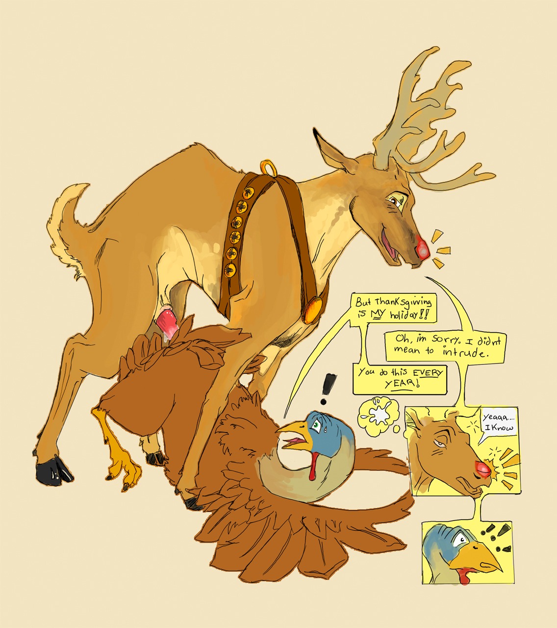 ambiguous_gender animal_genitalia antlers avian beak bell bird bodily_fluids christmas crossover cum cum_inside deer dialogue duo e621 english_text erection exclamation_point feathered_wings feathers feral feral_on_feral galliform genital_fluids genitals hi_res holidays hooves horn humor interspecies male male/male mammal new_world_deer northphoenix nude penis phasianid red_nose reindeer rudolph_the_red-nosed_reindeer sex simple_background text thanksgiving turkey wings