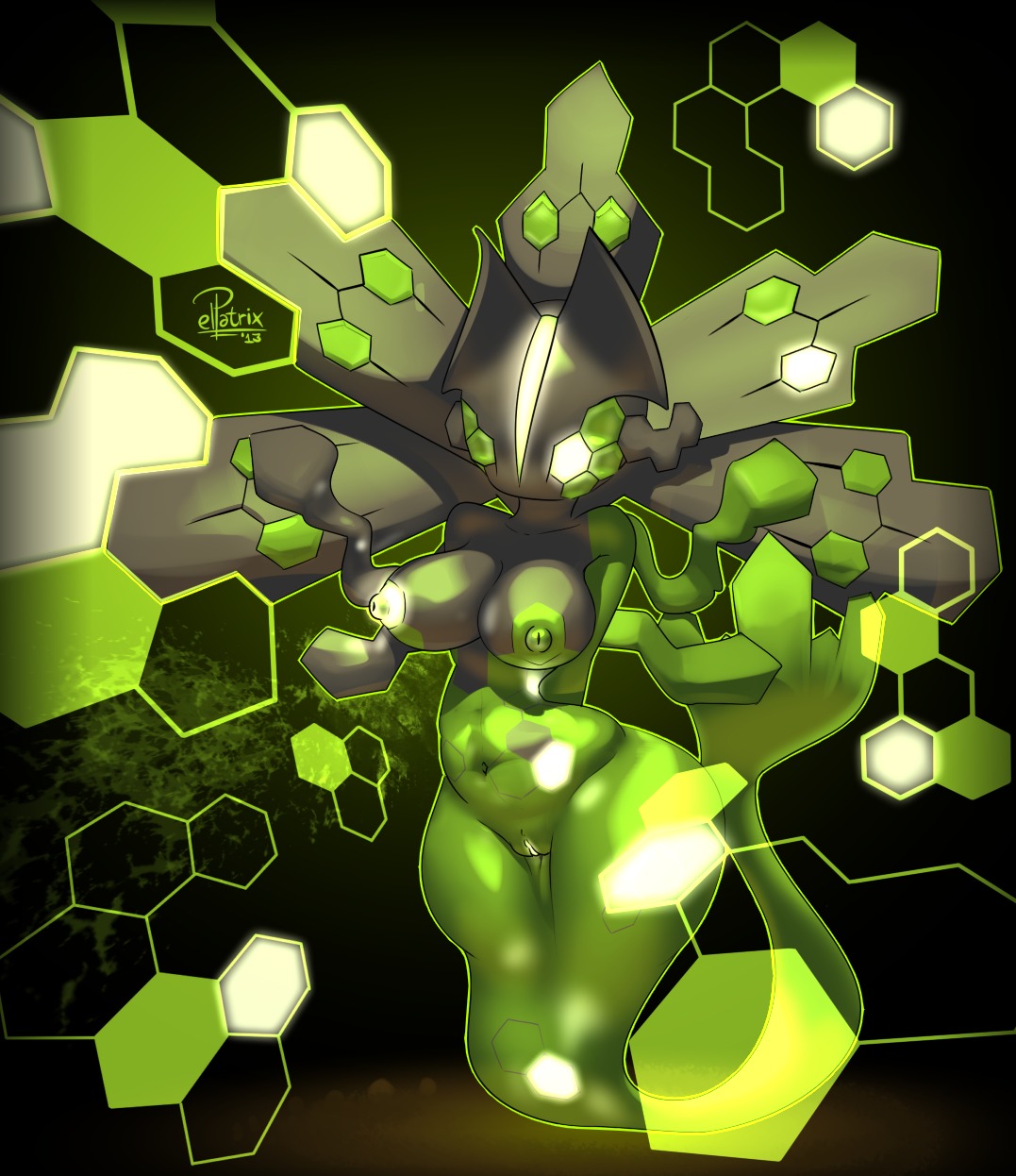 2013 anthro anthrofied bioluminescence black_background breasts digital_media_(artwork) dragon e621 elpatrixf female female_anthro generation_6_pokemon genitals glowing green_background green_body green_skin grey_body grey_skin hi_res legendary_pokemon mythological_creature mythological_scalie mythology navel nintendo nipples non-mammal_breasts non-mammal_nipples nude nude_anthro nude_female pokemon pokemon_(species) pokemorph scalie simple_background solo vulva wide_hips zygarde zygarde_50_forme