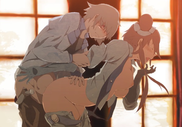 blush breasts coelacanth_(artist) covering female hilbert_(pokemon) human male nipples pokemon pokemon_bw rule34 sex skyla_(pokemon) straight