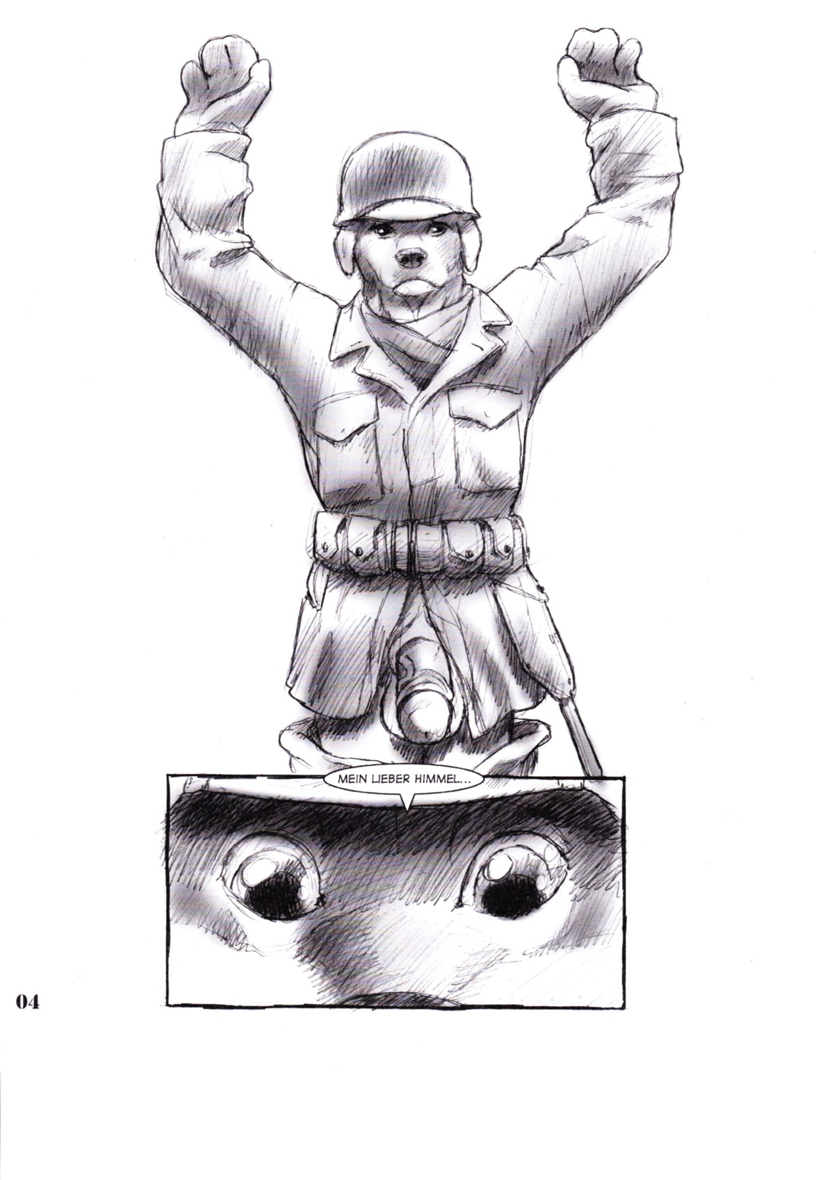 animal_genitalia anthro armor athletic athletic_anthro athletic_male belt bird_dog bottomwear bottomwear_down canid canine canis clothed clothing comic domestic_dog duo e621 front_view genitals german_shepherd german_text gideon greyscale half-erect hands_above_head headgear helmet herding_dog hi_res humanoid_genitalia humanoid_penis hunting_dog labrador male mammal military monochrome pants pants_down partially_clothed pastoral_dog penis retriever sheath snout soldier standing text translated utility_belt warrior