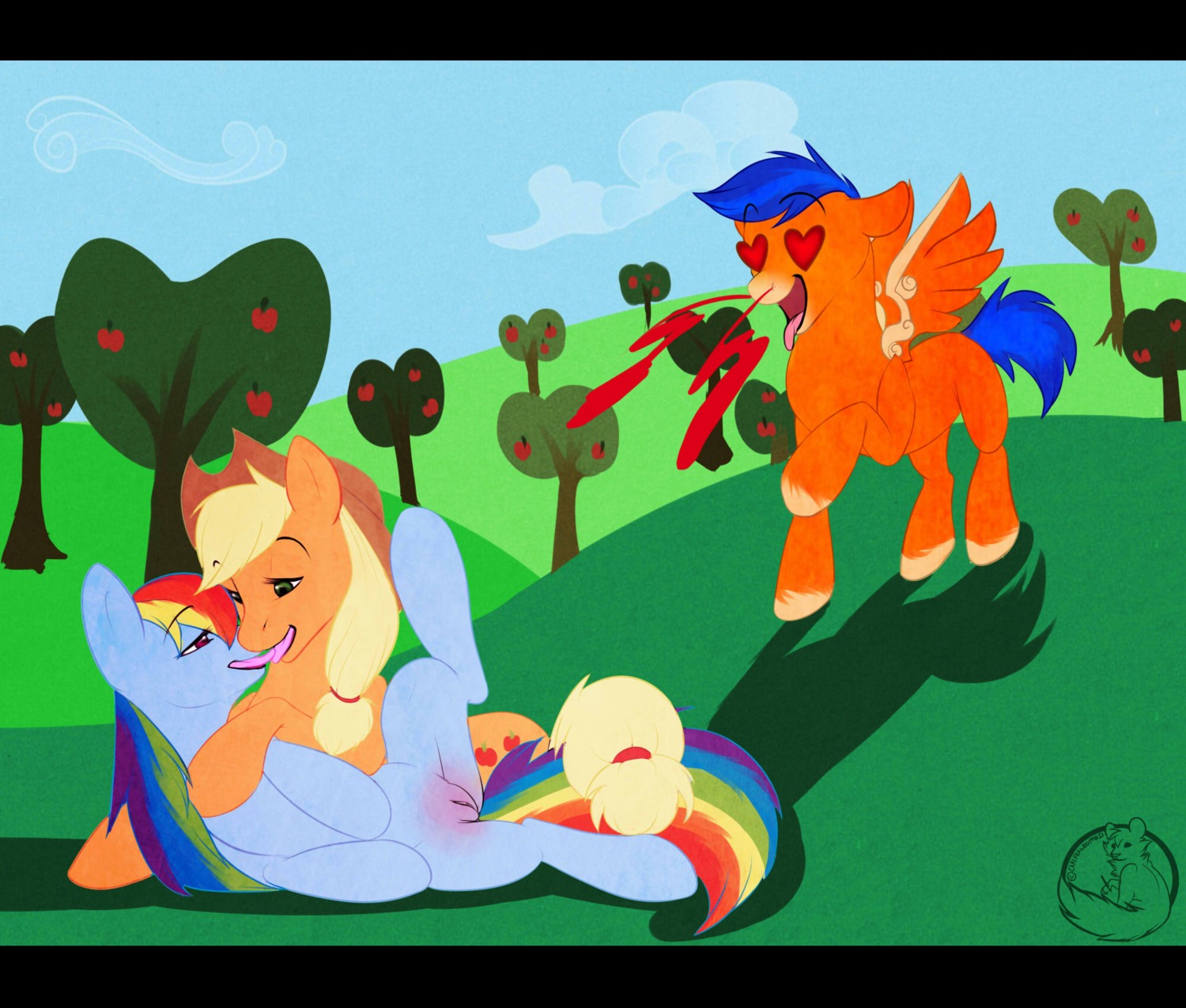 2014 anime_nosebleed applejack_(mlp) black_bars blonde_hair blood blue_body blue_fur bodily_fluids carifoxleopard clothing cowboy_hat digital_drawing_(artwork) digital_media_(artwork) e621 earth_pony equid equine fan_character feathered_wings feathers female female/female feral french_kissing friendship_is_magic fur genitals group hair hasbro hat headgear headwear heart_eyes heart_symbol hi_res horse kissing letterbox mammal multicolored_hair my_little_pony mythological_creature mythological_equine mythology nosebleed orange_body orange_feathers pegasus pony rainbow_dash_(mlp) rainbow_hair vulva wings