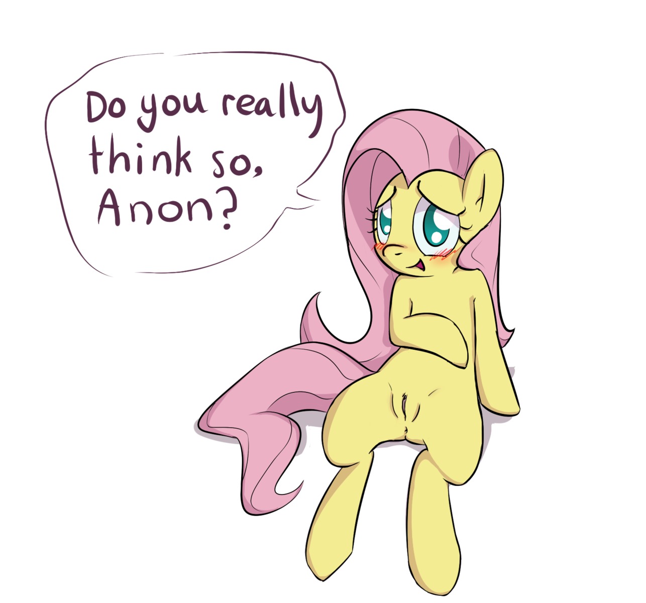 anus atrolux blue_eyes blush butt conditional_dnp dialogue digital_media_(artwork) e621 english_text equid equine female feral fluttershy_(mlp) friendship_is_magic genitals hair hasbro hi_res horse long_hair looking_at_viewer mammal my_little_pony nude open_mouth pink_hair pony simple_background sitting solo tail text vulva white_background yellow_body