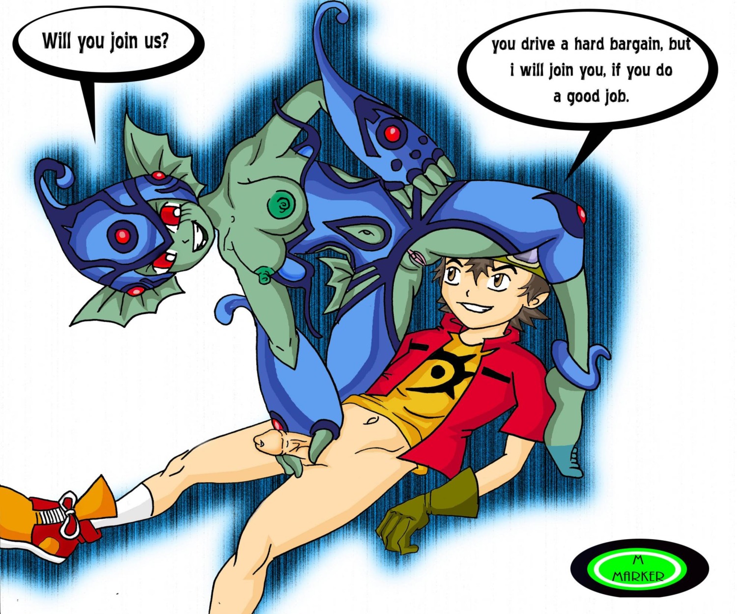 1boy 1girls bad_anatomy breasts crotchless_clothes crotchless_swimsuit digimon digimon_frontier erect_nipples exposed_breasts exposed_pussy female goggles human m_marker male nipples no_pants on_top penis pussy ranamon red_eyes rule34 smiling tagme takuya_kanbara
