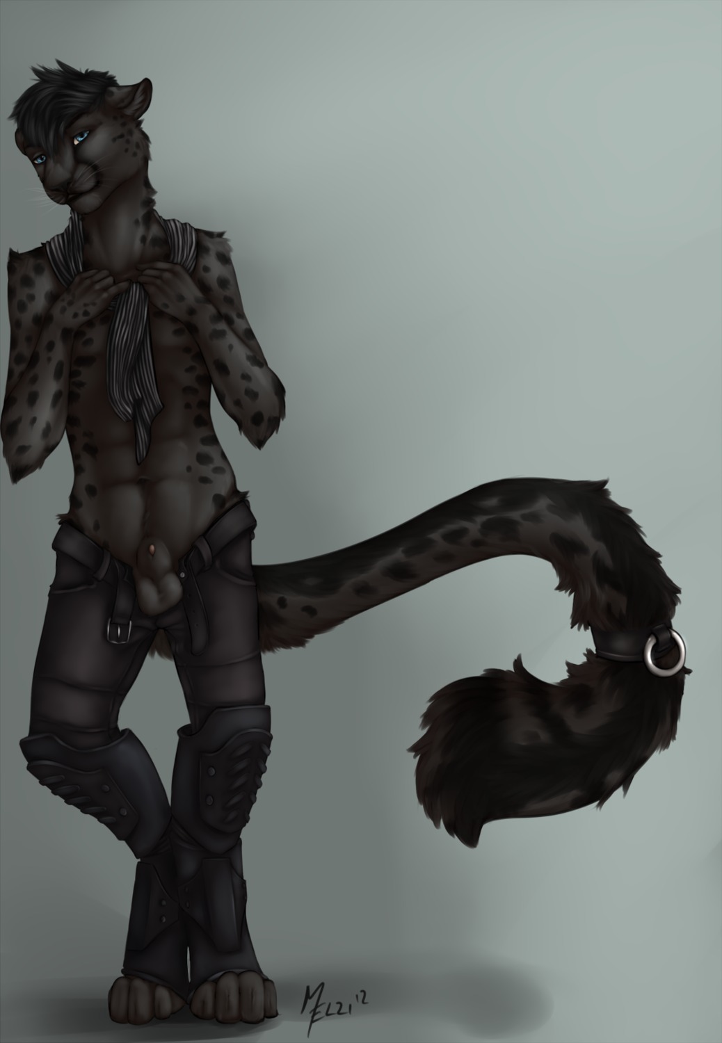 abs animal_genitalia animal_penis anthro armor balls blue_eyes bottomwear canine_genitalia canine_penis cheetah clothed clothing e621 felid feline flaccid fur genitals hi_res inviting leather male mammal melzi metal muscular muscular_anthro muscular_male pants penis penis_tip pose scarf seductive sheath solo tail tikory_(kdtre) topless undressing
