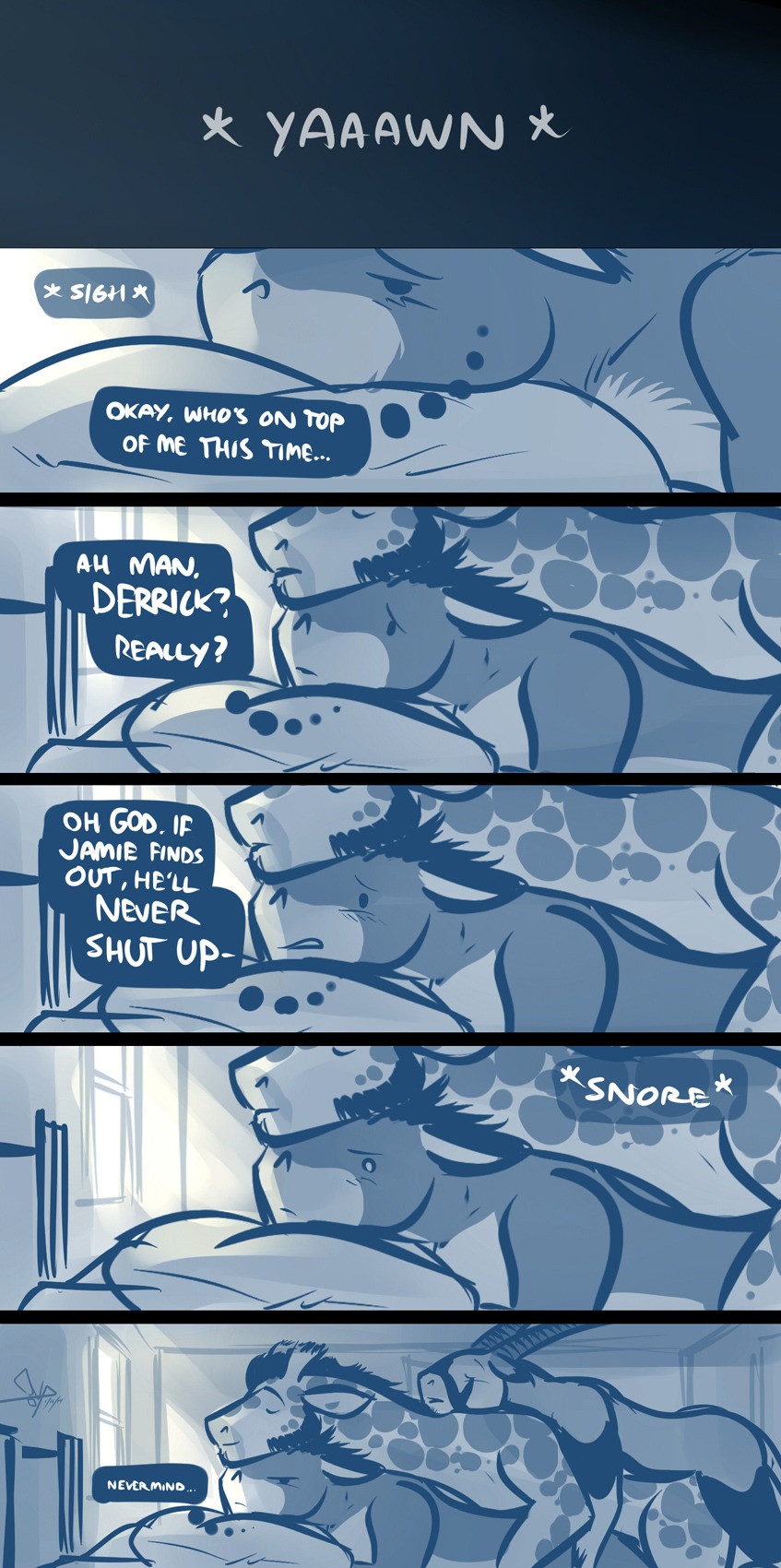 2014 anal anal_penetration antelope anthro anthro_on_anthro asinus bed bgn blue_theme bovid comic derrick_(bgn) dialogue digital_media_(artwork) donkey e621 english_text equid equine facial_hair furniture gazelle giraffe giraffid grazing_antelope group group_sex hi_res horn inside jamie_the_oryx lying male male/male male_penetrated male_penetrating male_penetrating_male mammal miguel_(bgn) multiple_images nude oryx penetration pillow restricted_palette sex text threesome train_position trio window