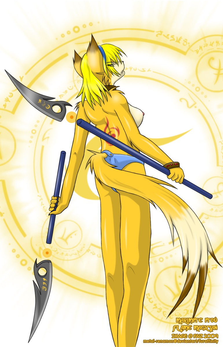 anthro blade breasts canid canine clothed clothing e621 female fire fox hi_res mammal marimite melee_weapon metal-renamon nipples panties polearm runes solo staff tail topless underwear weapon