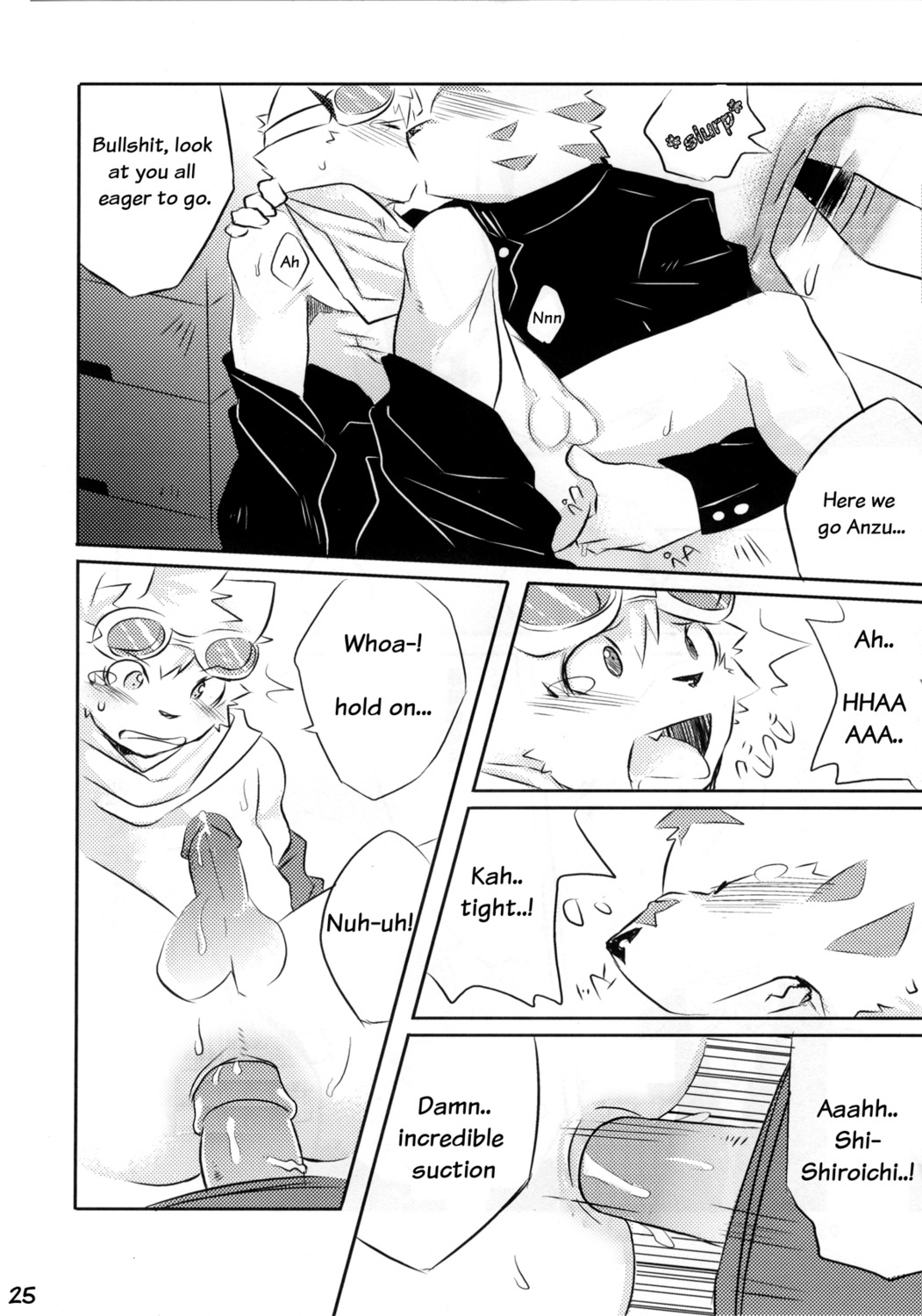 anal anthro blush bodily_fluids canid canine canis comic dialogue domestic_dog duo e621 english_text erection eyewear felid genital_fluids genitals goggles greyscale hard_translated hi_res humanoid_genitalia humanoid_penis kenn kissing male male/male male_penetrated male_penetrating male_penetrating_male mammal monochrome multiple_scenes pantherine penetration penis precum sex text third-party_edit tiger translated translation_edit